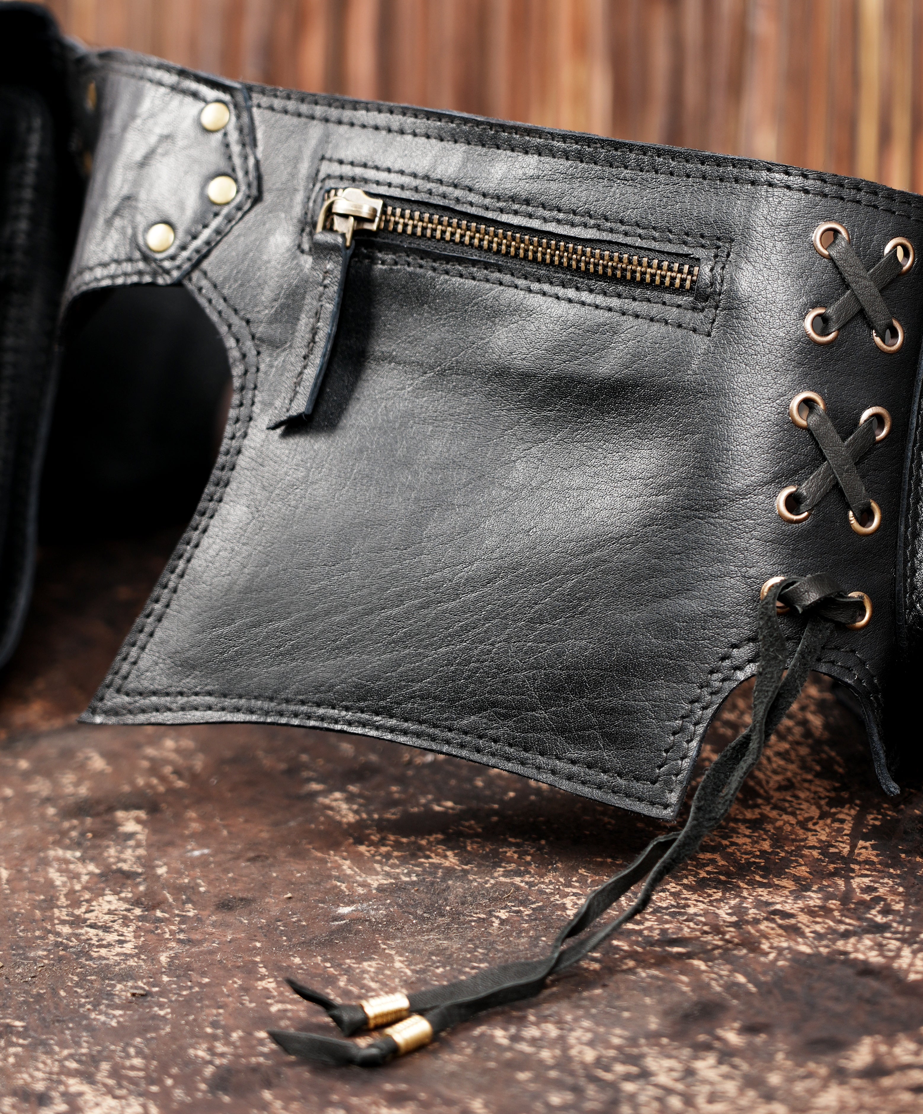 Steampunk leather belt with snap pouches and zip pocket