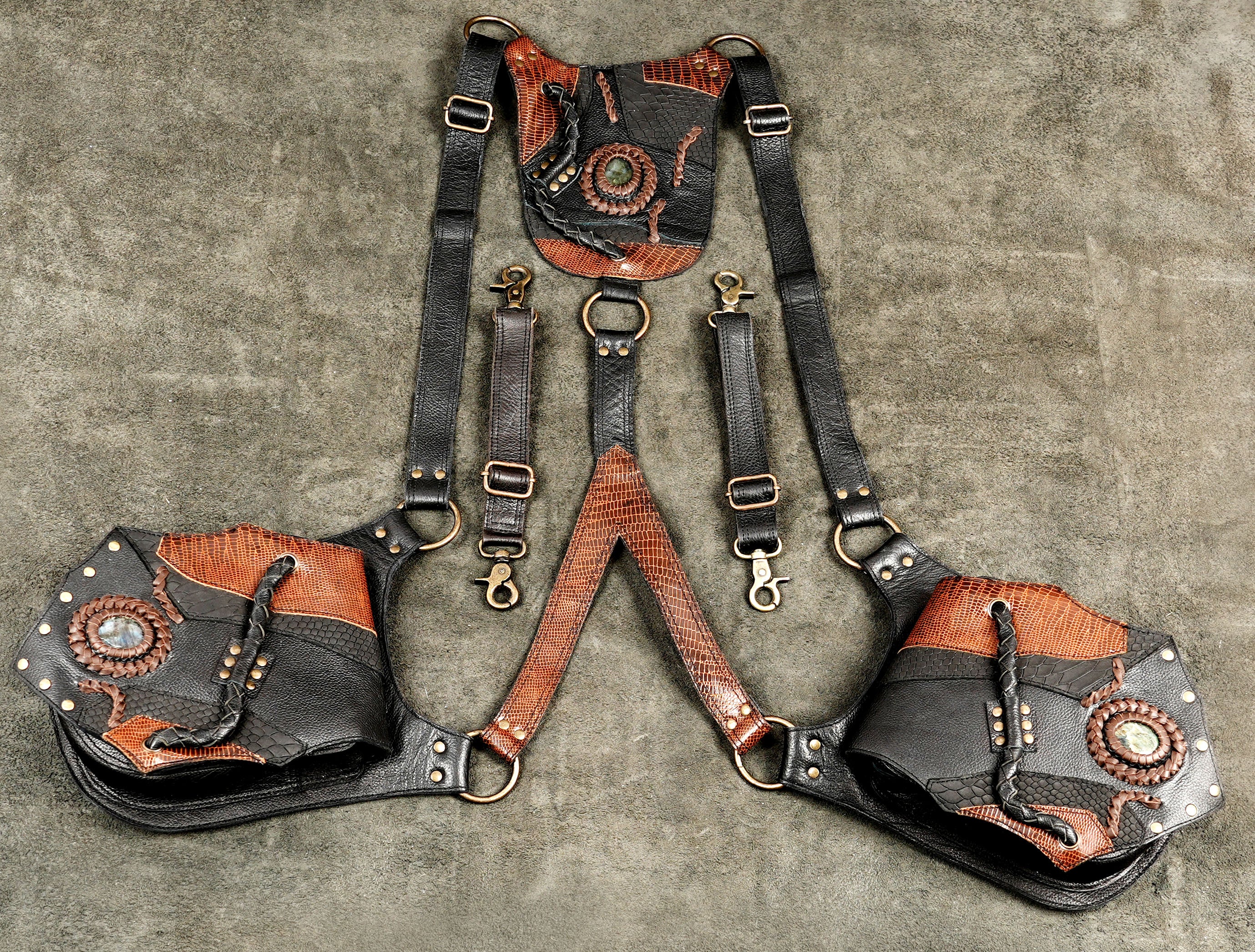 Steampunk leather harness with reptile print panels