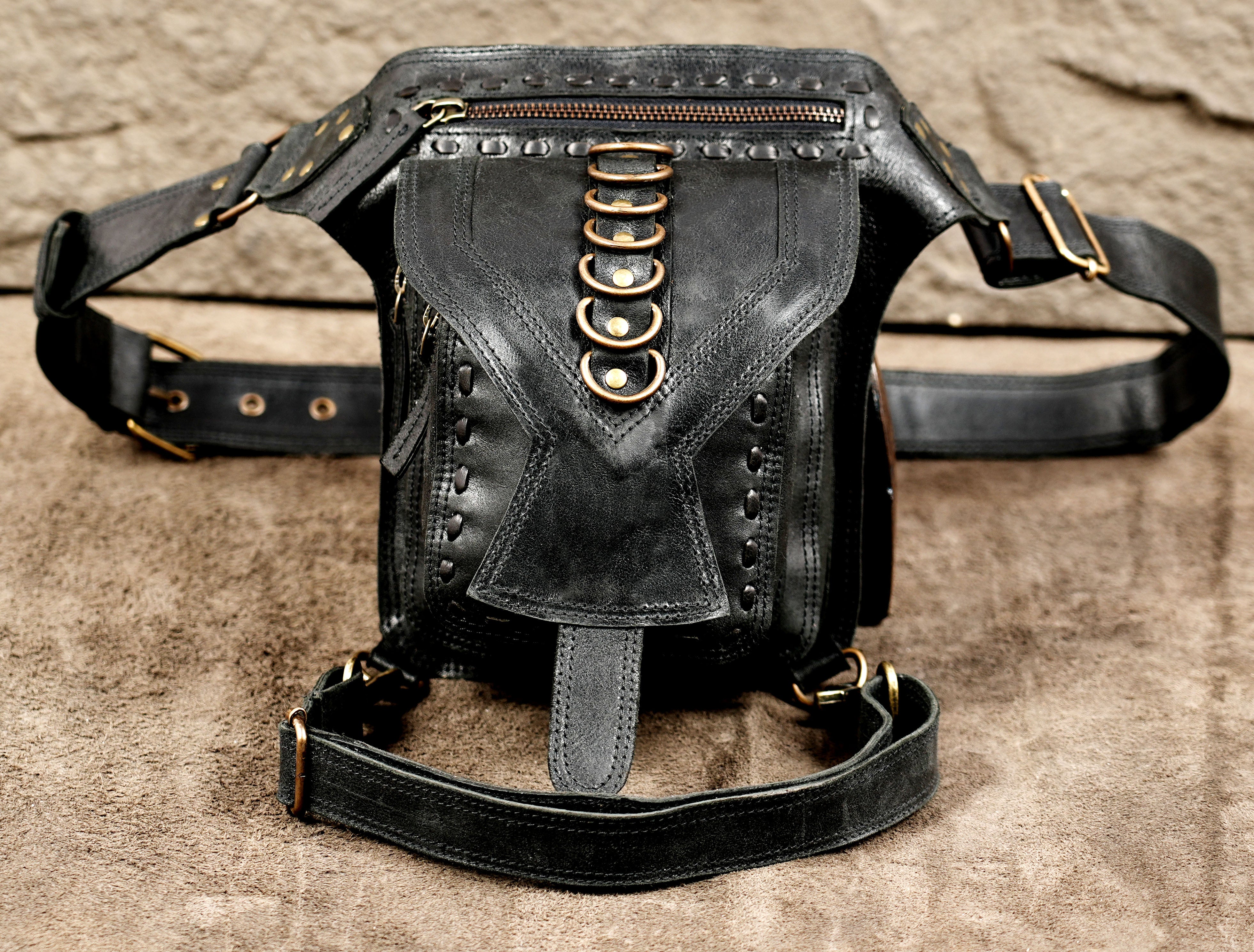 Steampunk leather hip pouch with an adjustable leg strap