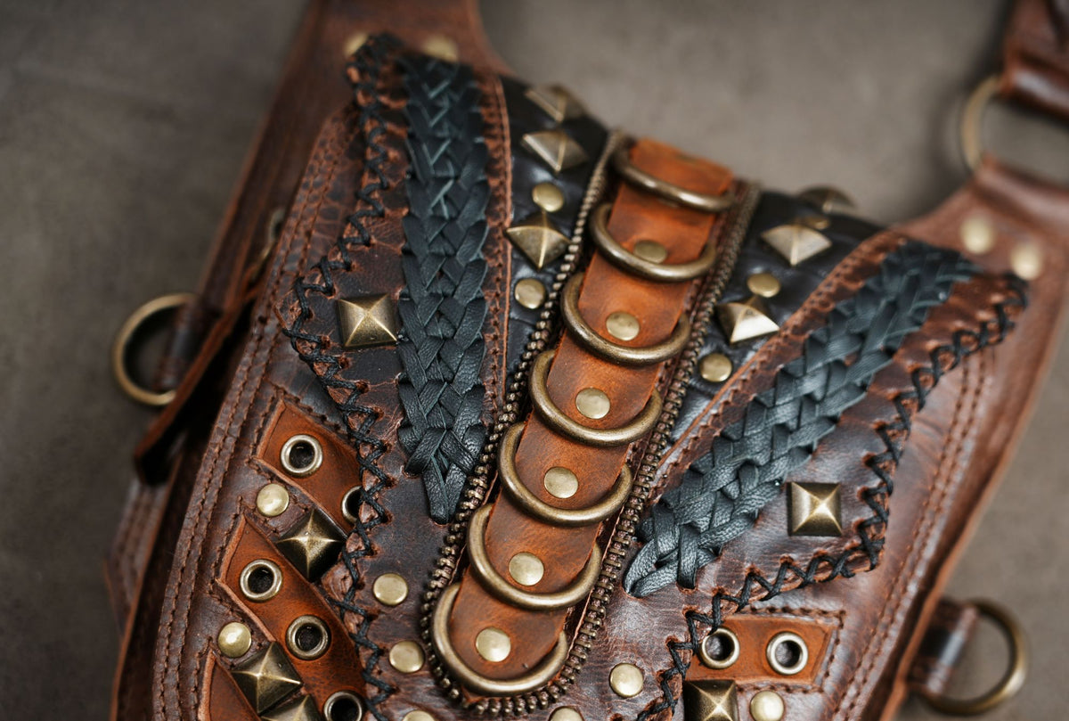 Steampunk festival harness bag with matching leather pouches and decorative stitching