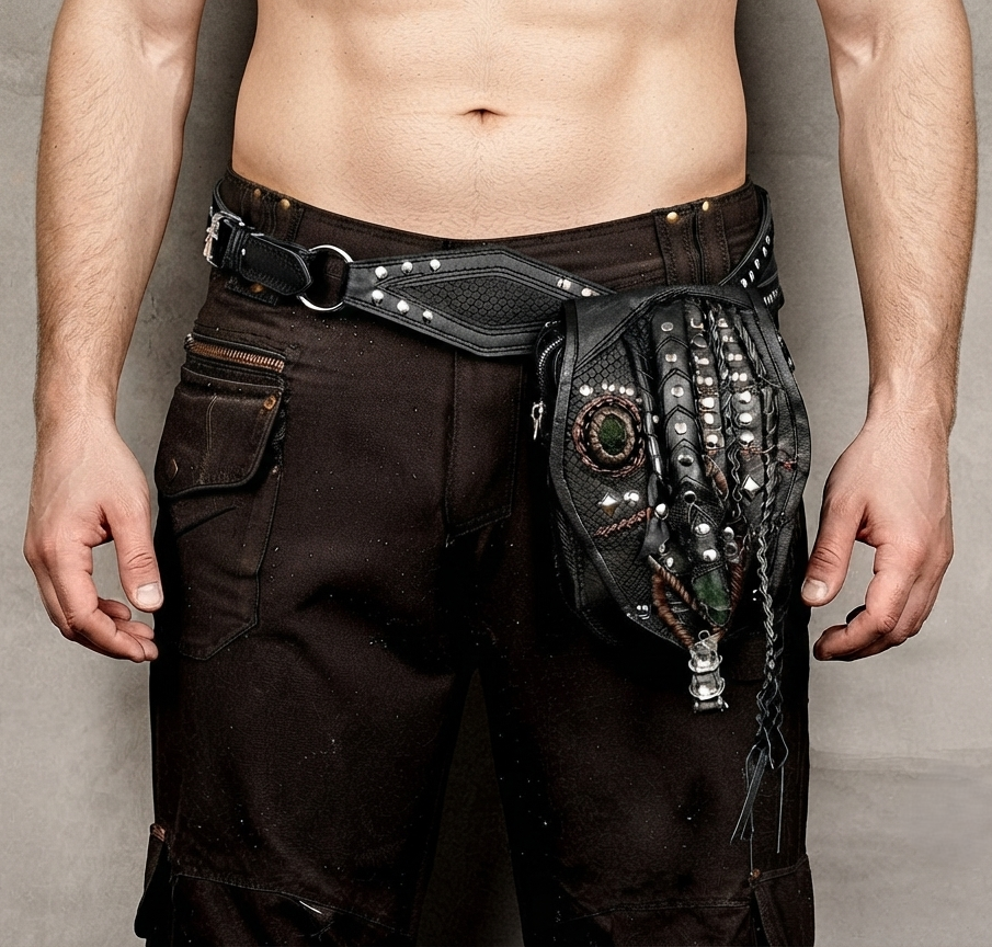 Steampunk leather waist bag with an adjustable belt