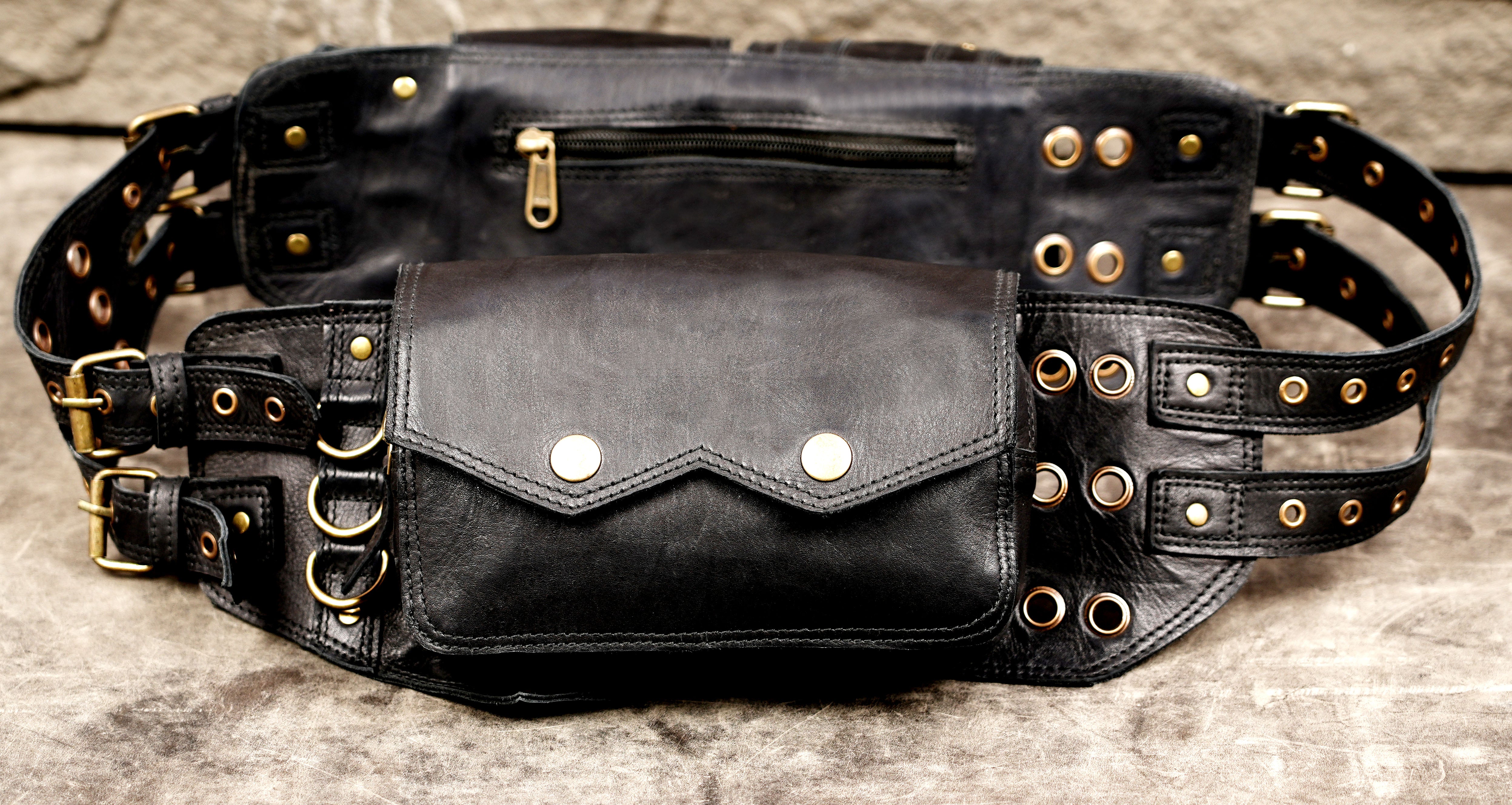 Steampunk leather waist pouch with antique brass fittings