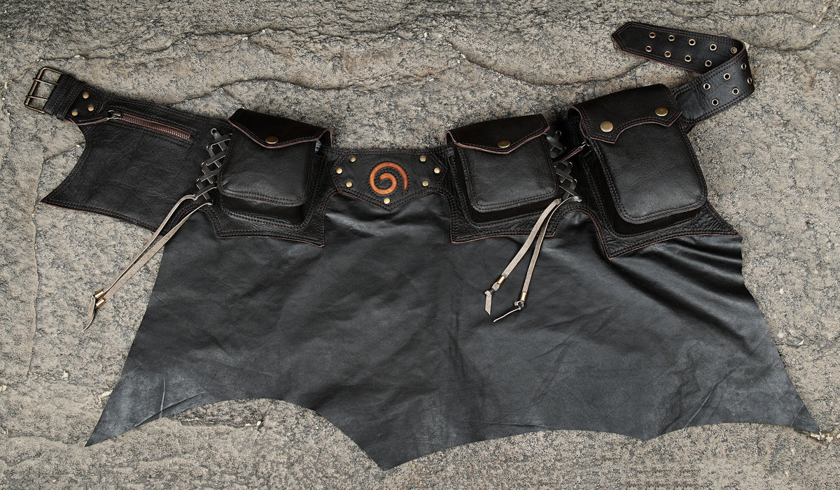 Steampunk leather warrior skirt with fringe and grommets