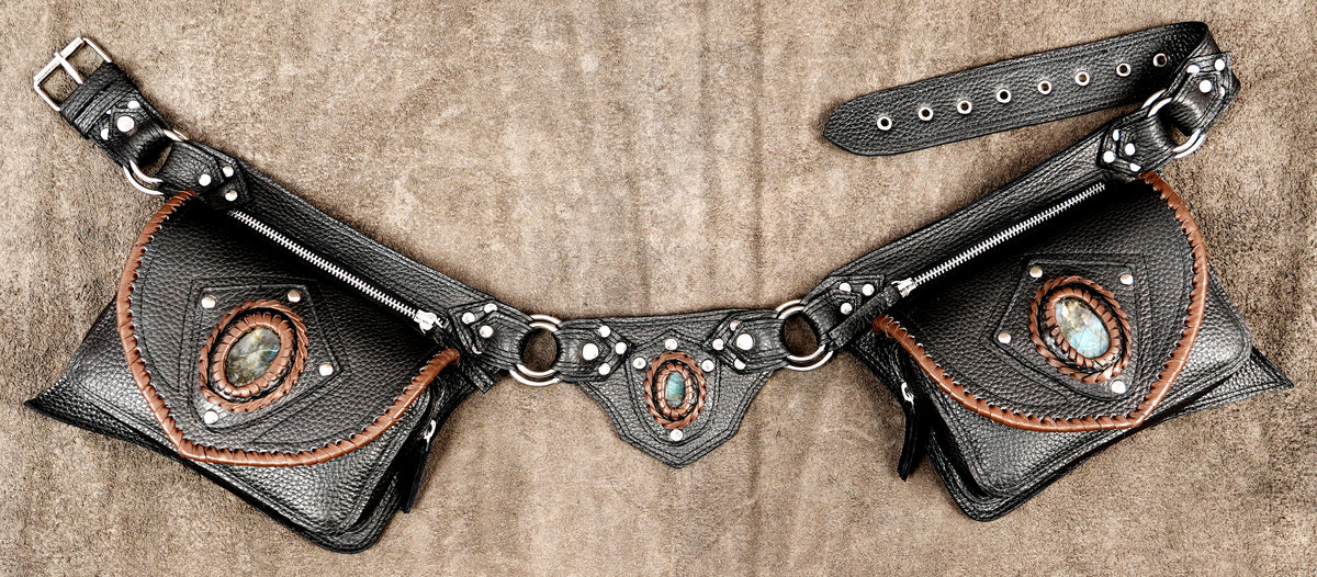 Steampunk style leather belt with two matching gem pockets