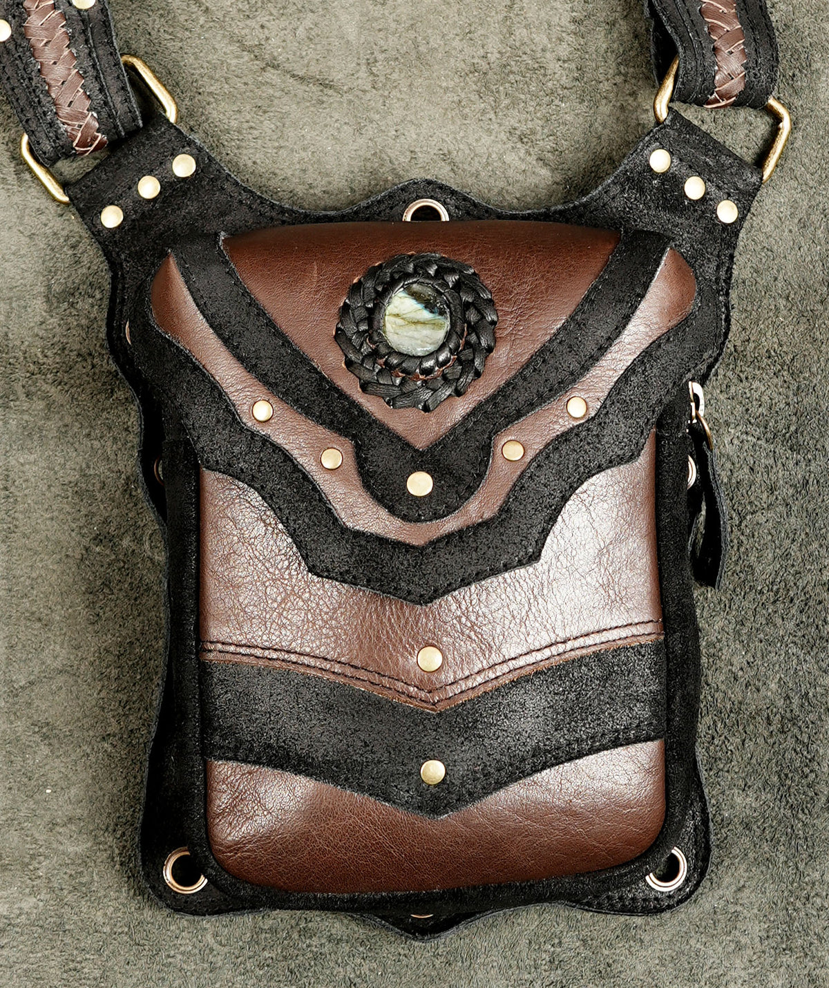 Gothic leather festival bag with Natural Labradorite shoulder straps and utility pockets