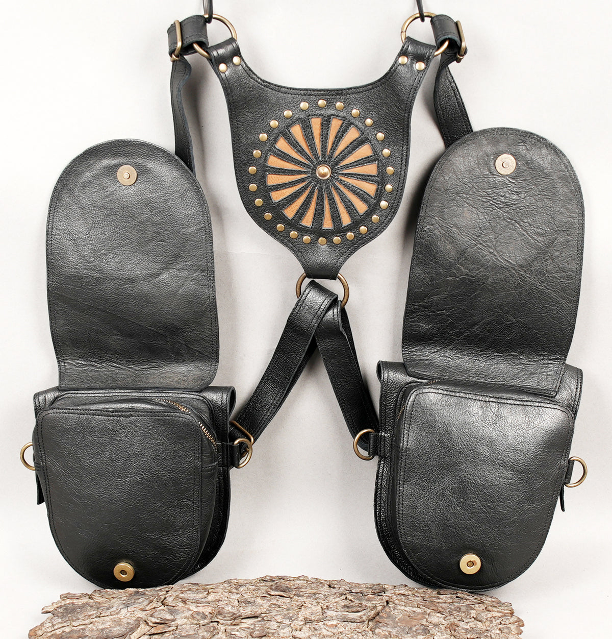 Leather festival holster harness with two secure storage pouches