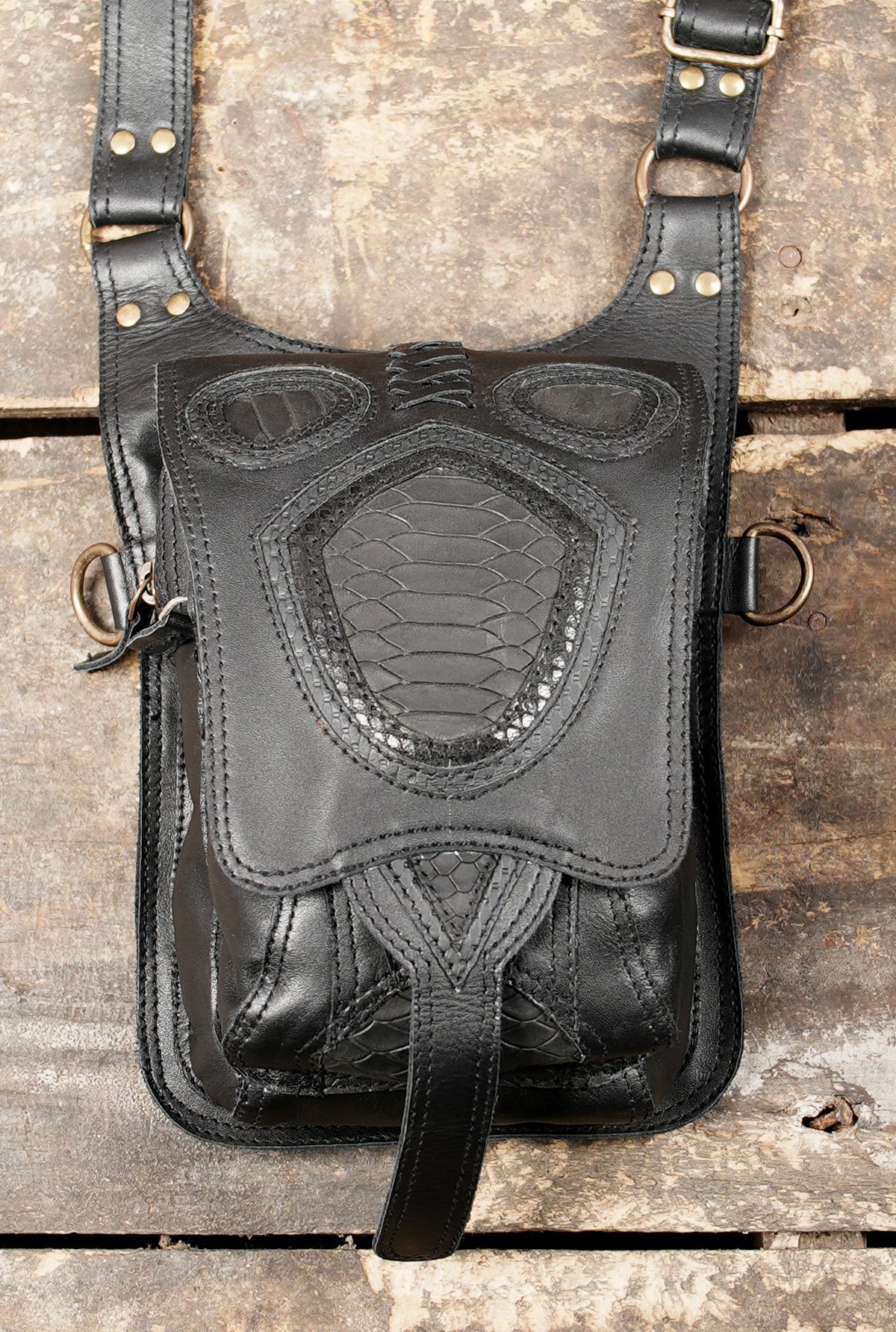 Handmade leather double pouch bag for music festivals, concerts, and outdoor events