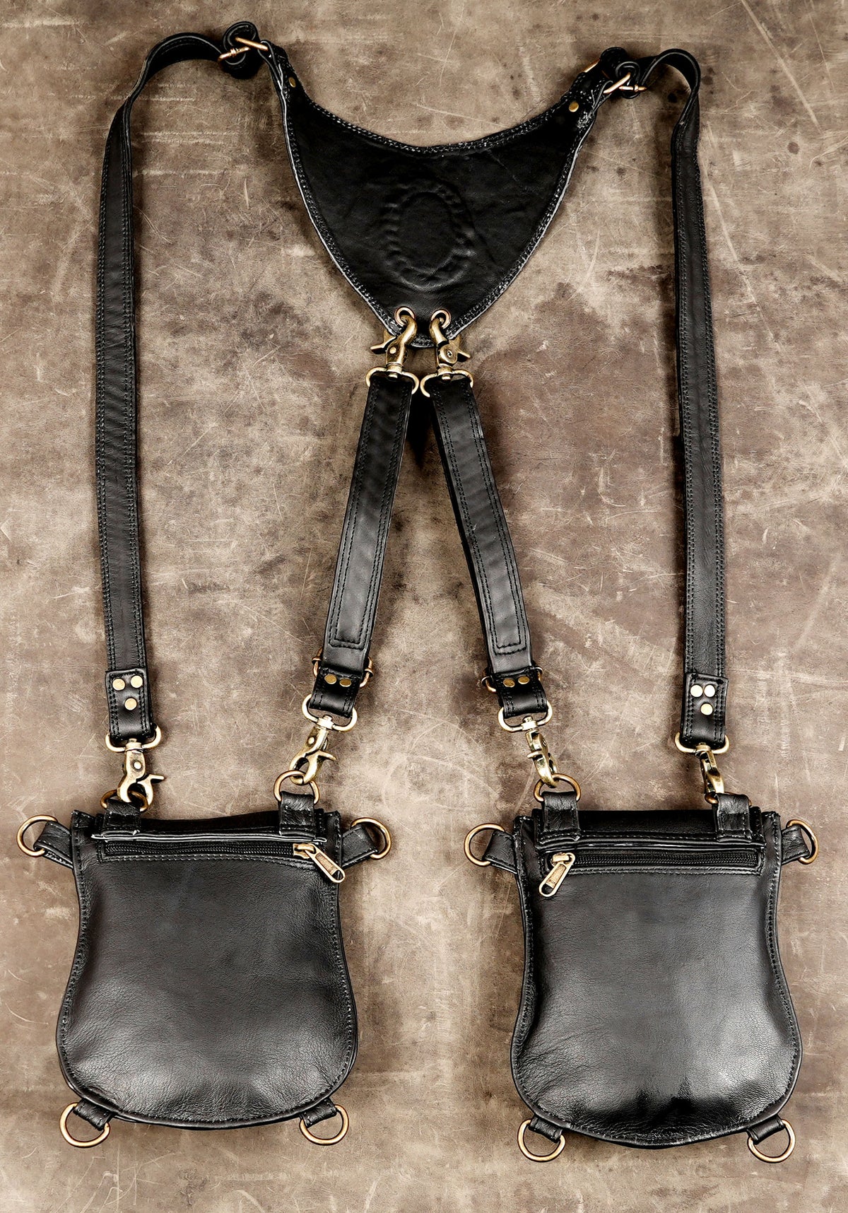 Black leather double strap harness with two multi-purpose pouches