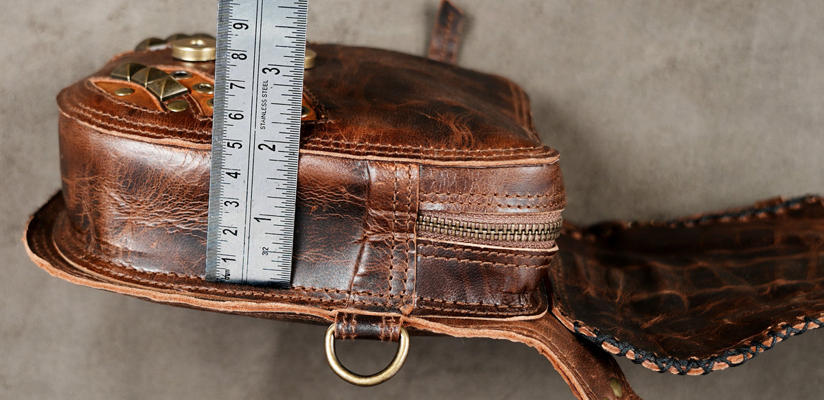 Brown leather double pouch shoulder bag for cosplay festivals and alternative fashion