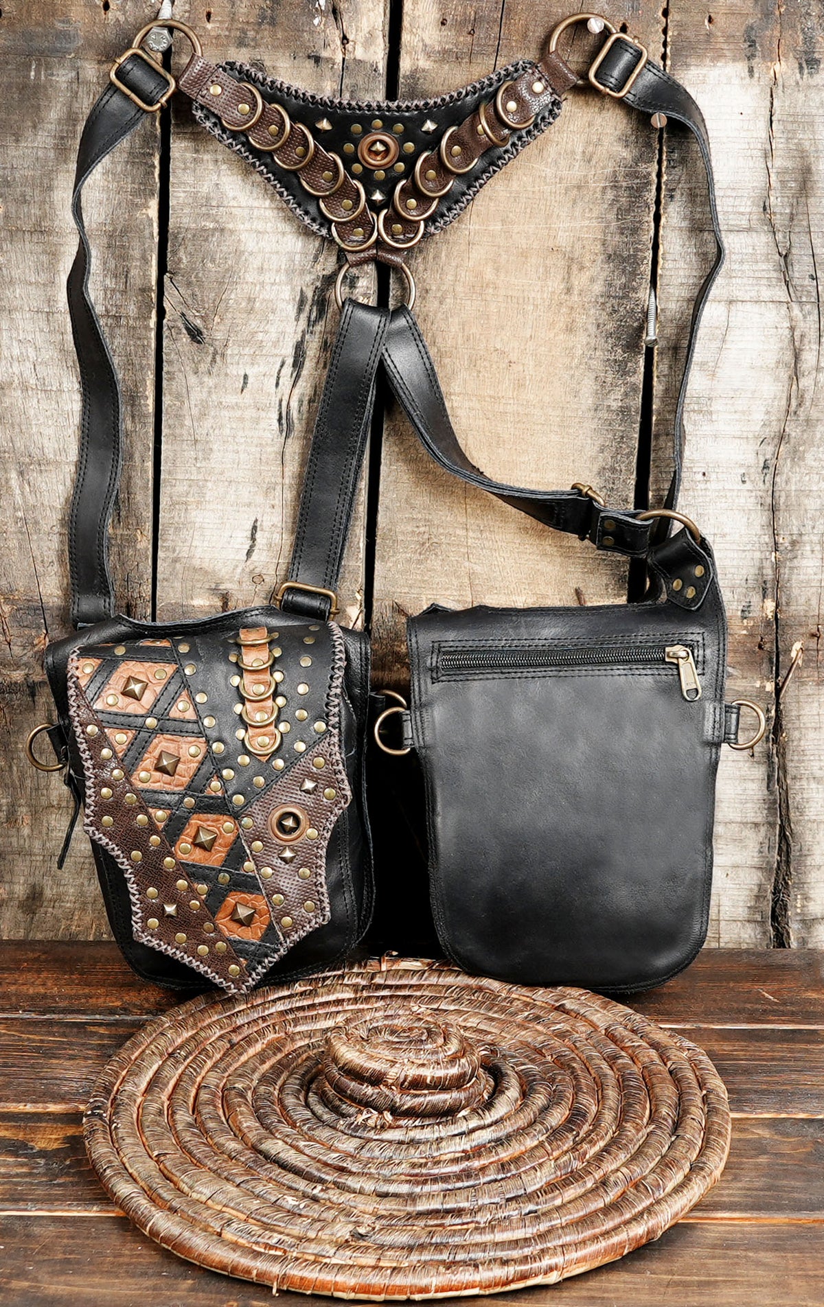 Unisex Black Double Pouch Harness Bag with Antique Brass Studs