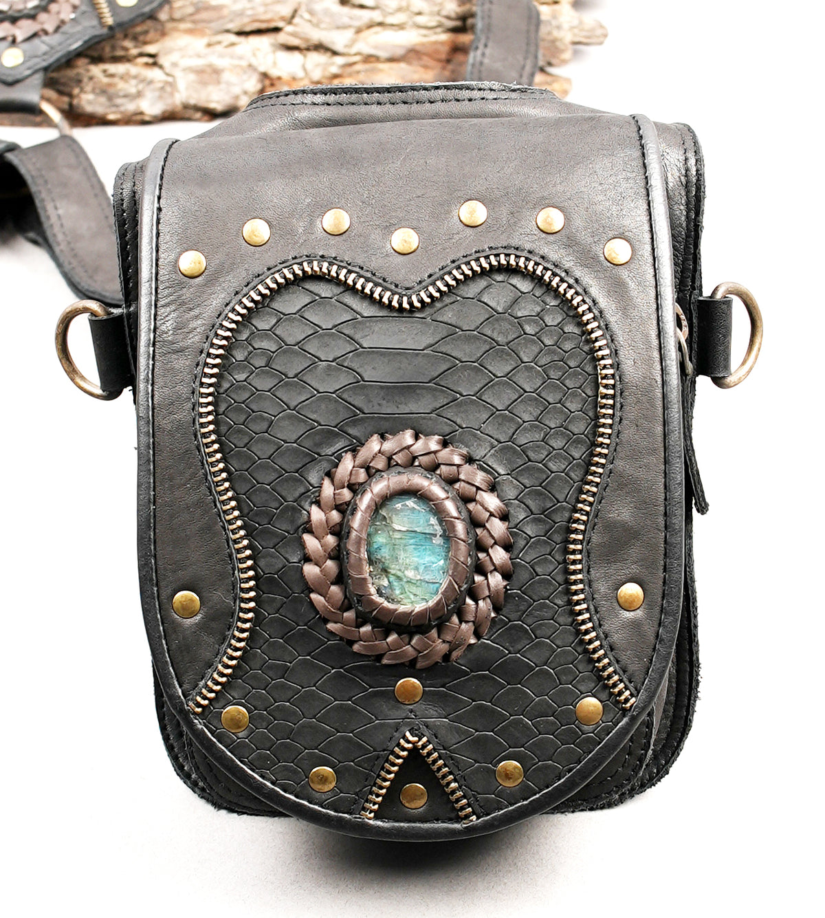 Black leather shoulder and waist harness bag with two gemstone-decorated pouches