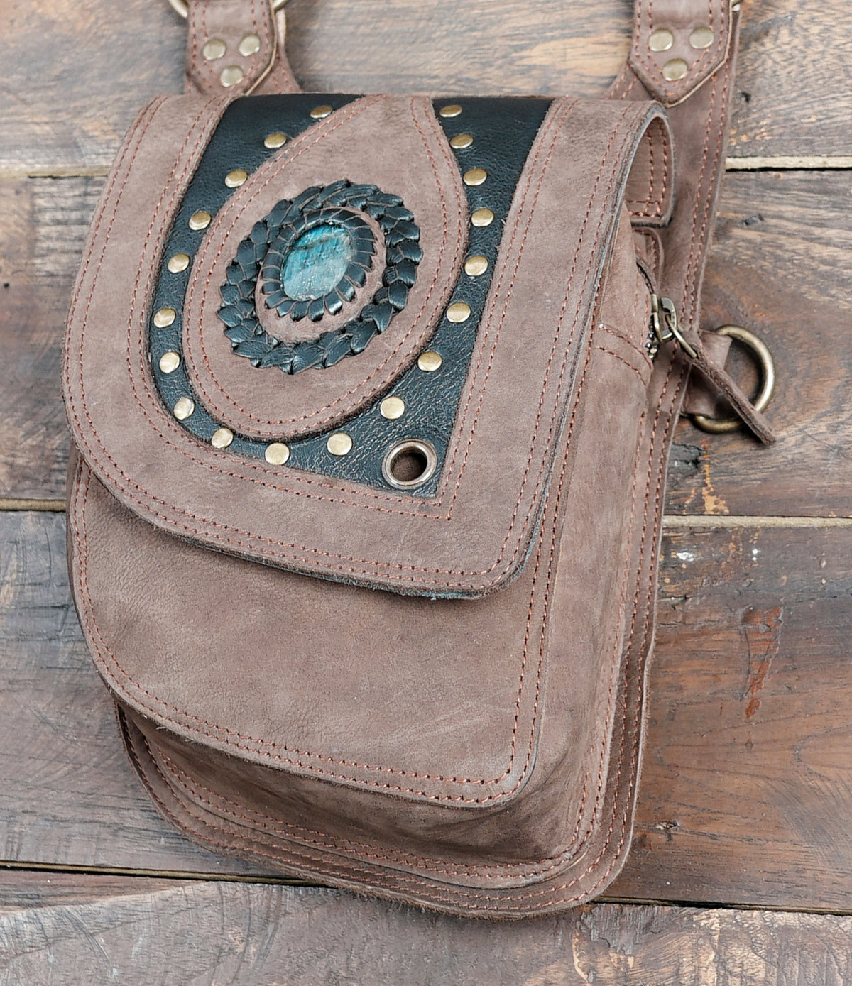 Steampunk leather double holster bag with gemstone accents