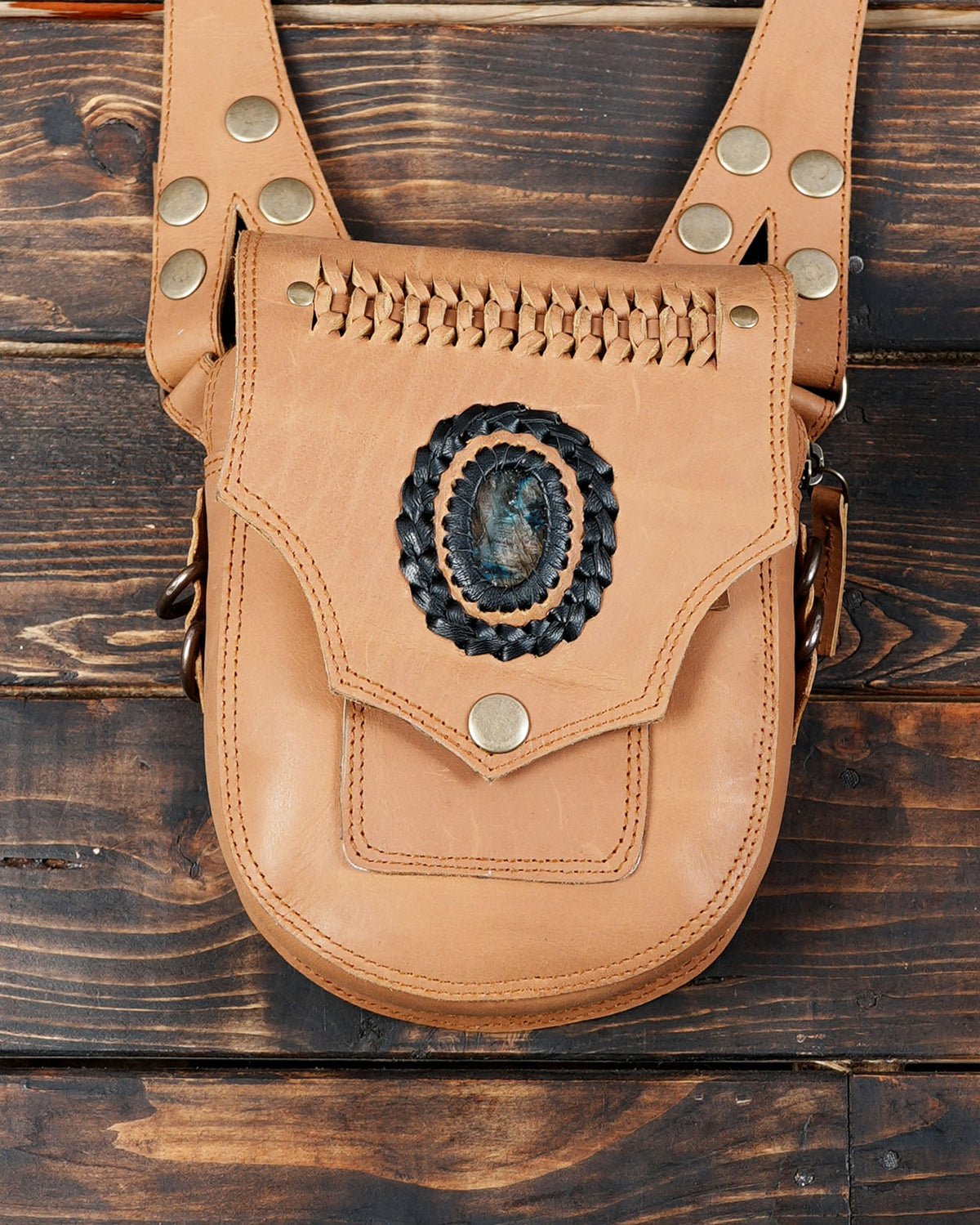 Tan Leather Double Hip Bag Harness with Natural Labradorite Stones