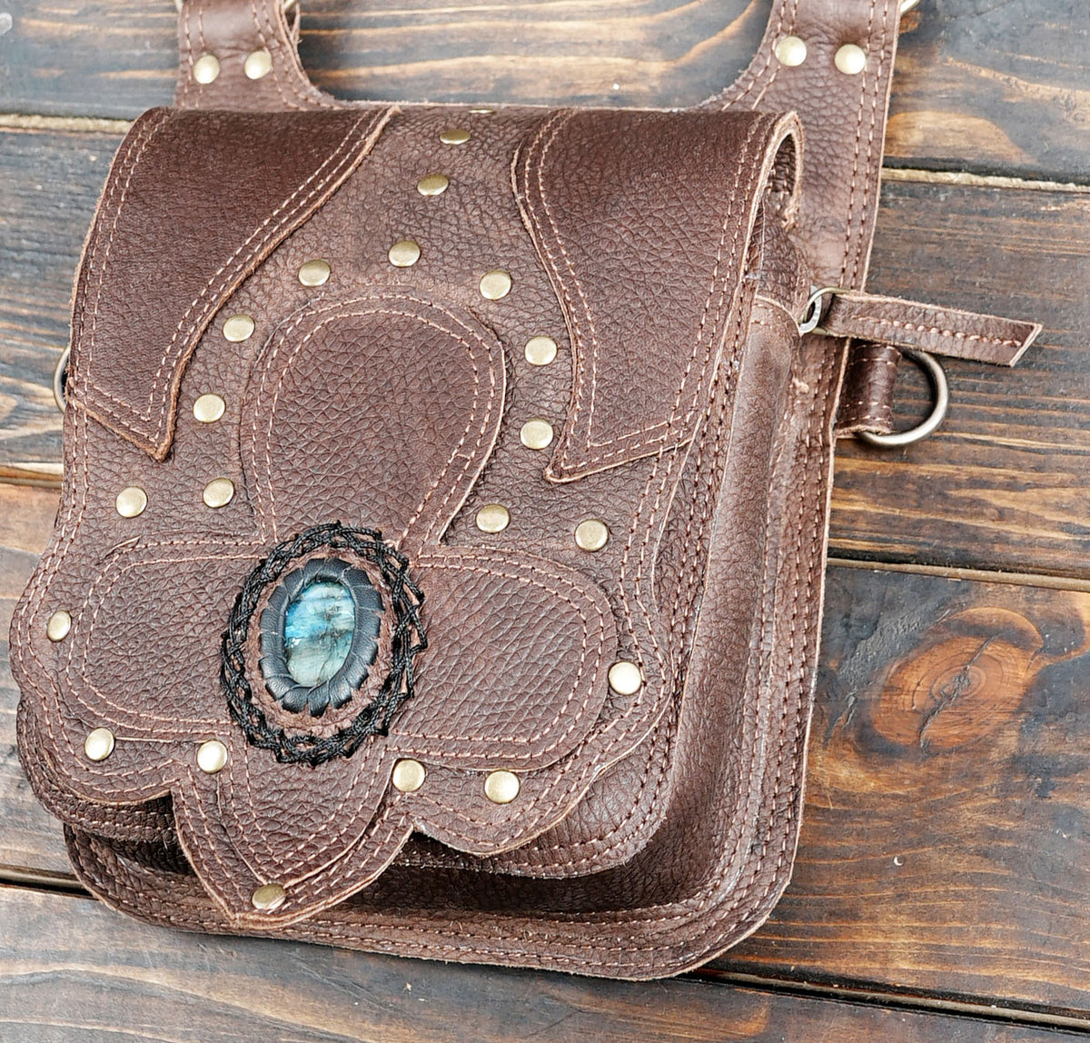 Brown leather festival harness bag with two utility pouches