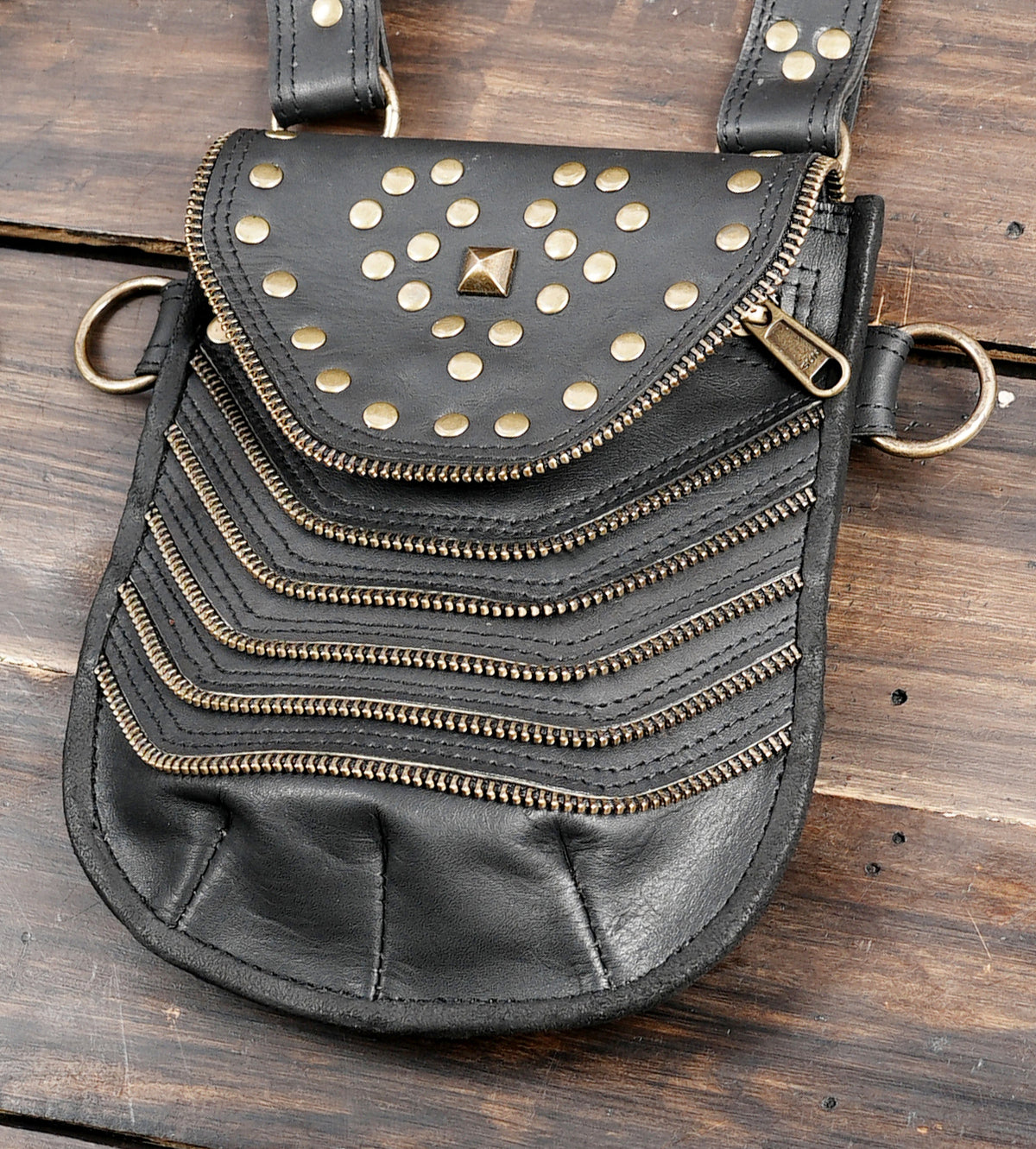 Unisex black leather waist harness bag for Burning Man and electronic music festival