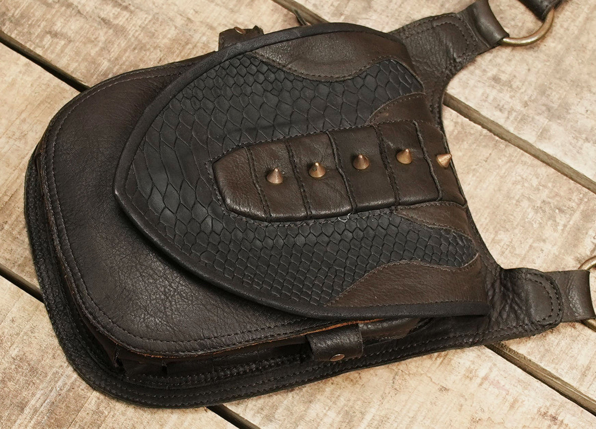 Black leather hip pouch harness for unisex festival and alternative outfits