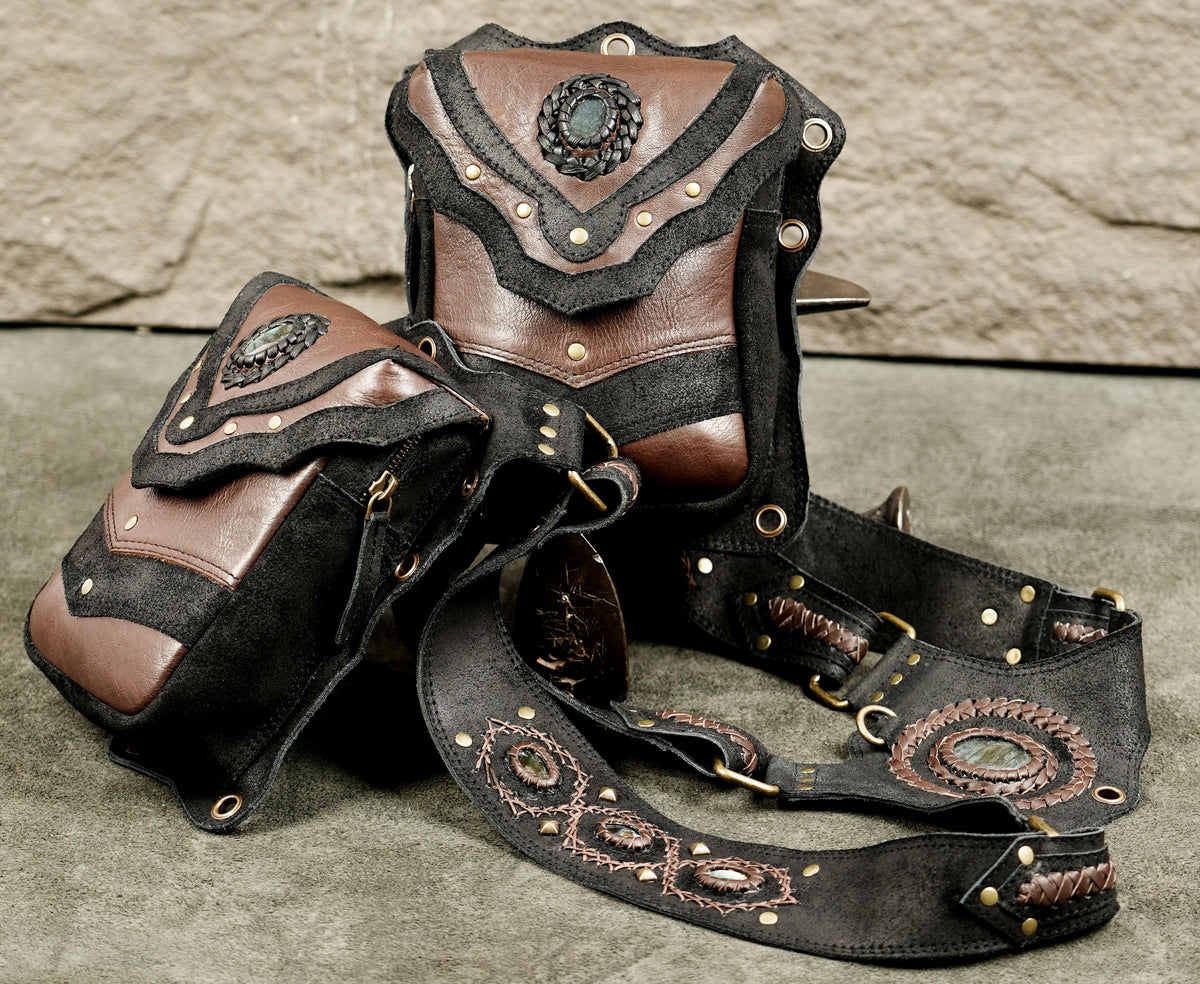 Festival leather shoulder harness bag with brown multi-pocket pouches and gemstones