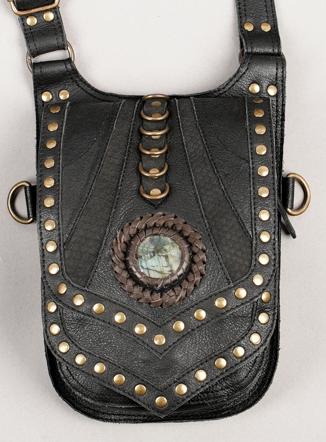 Black gothic double pouch holster harness with antique brass hardware