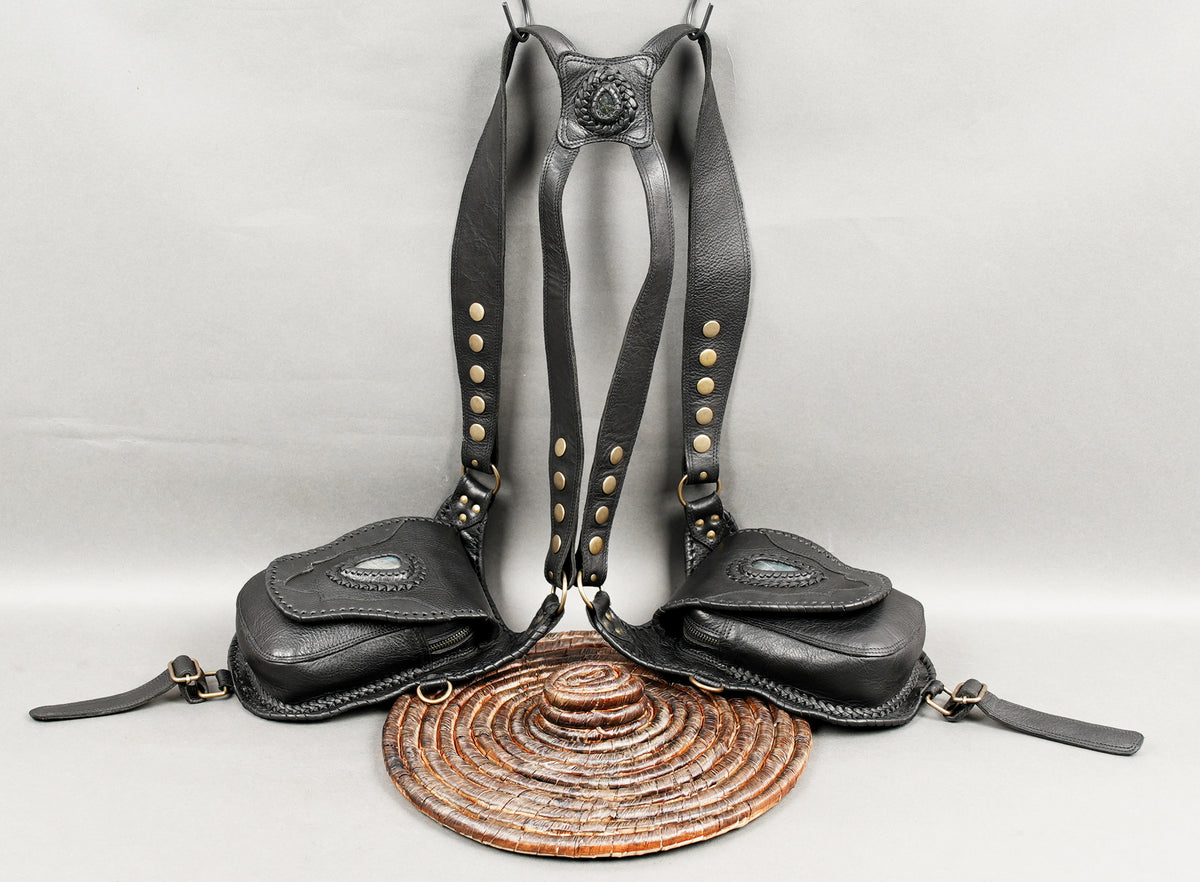 Handcrafted black leather festival bag set with gemstone flap details and adjustable straps