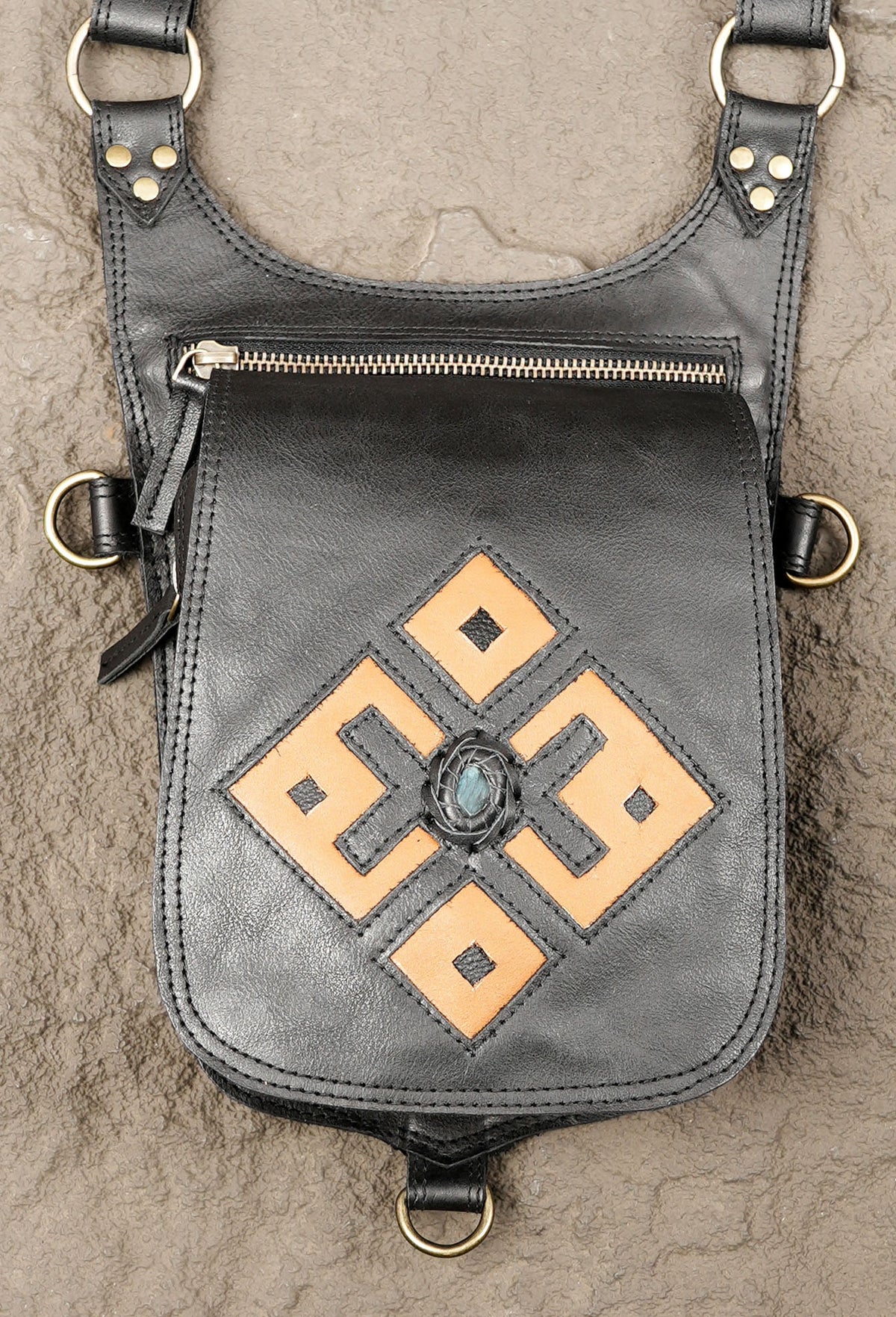 Black leather double shoulder holster bag with geometric design