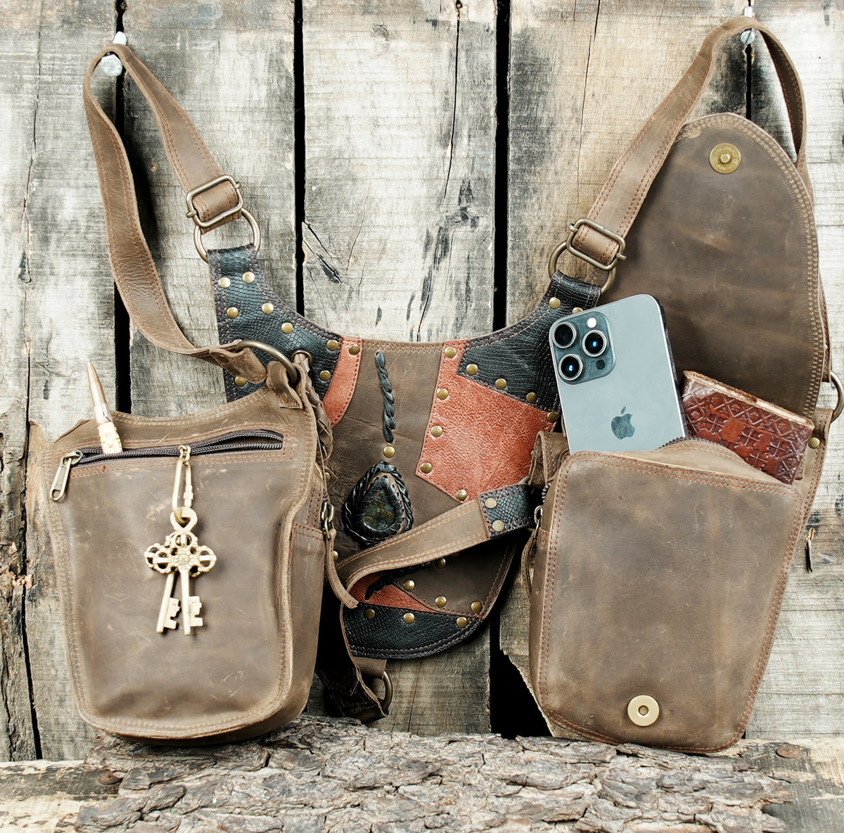 Brown leather festival pouch set with contrast panels and antique brass rivets