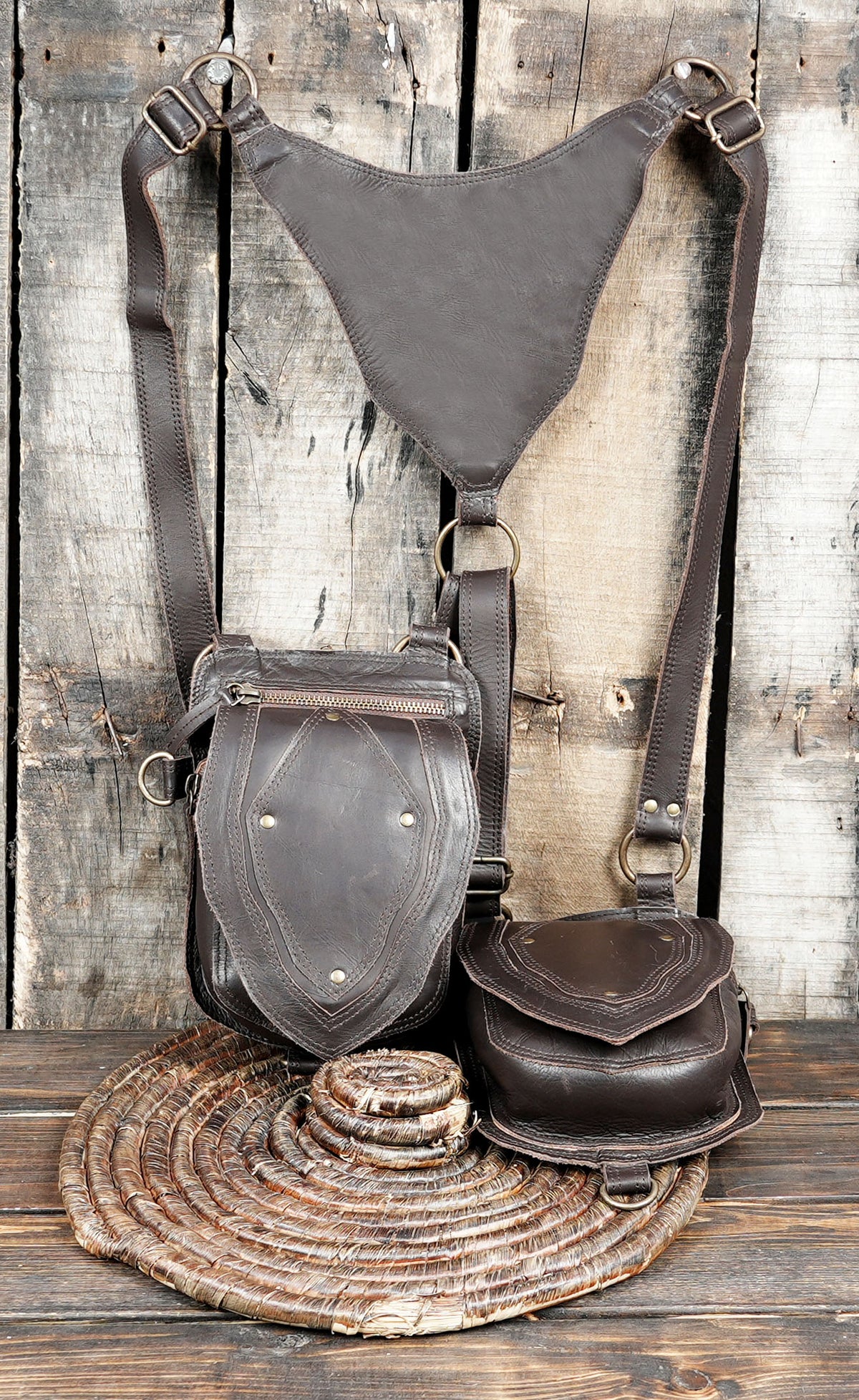 Steampunk double holster leather bag with metal buckles and detailed stitching