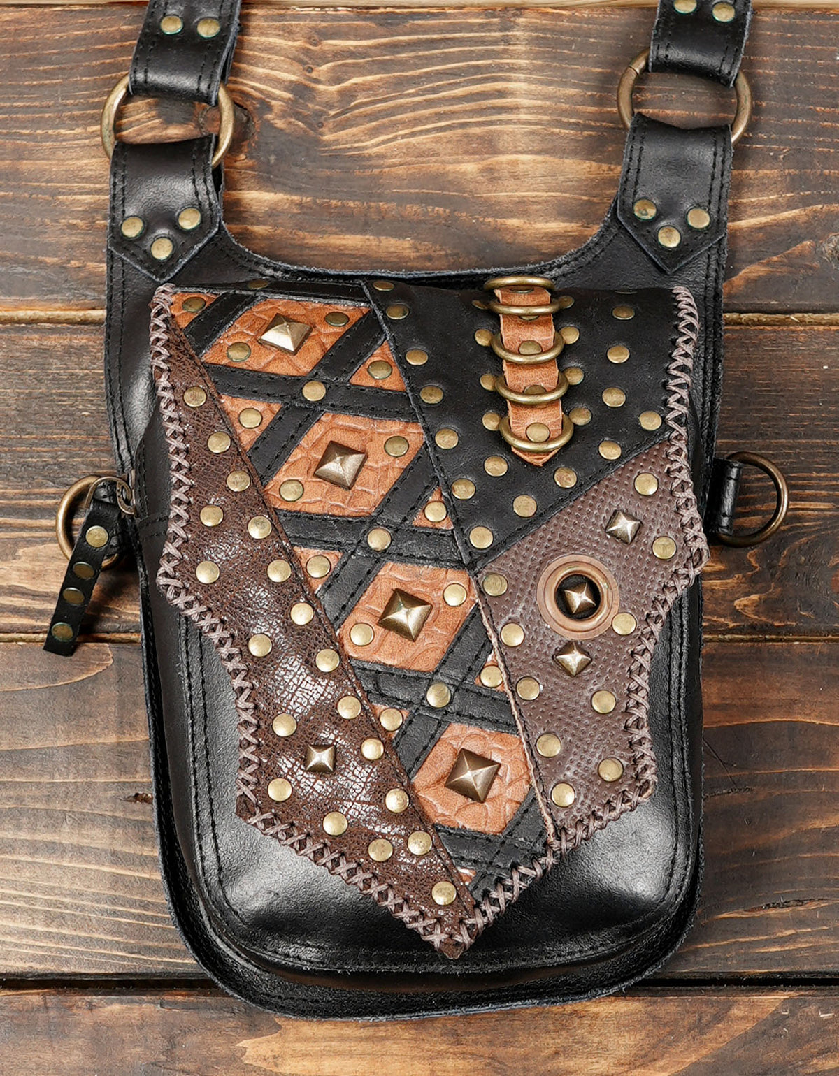 Unisex Black Double Pouch Harness Bag with Antique Brass Studs