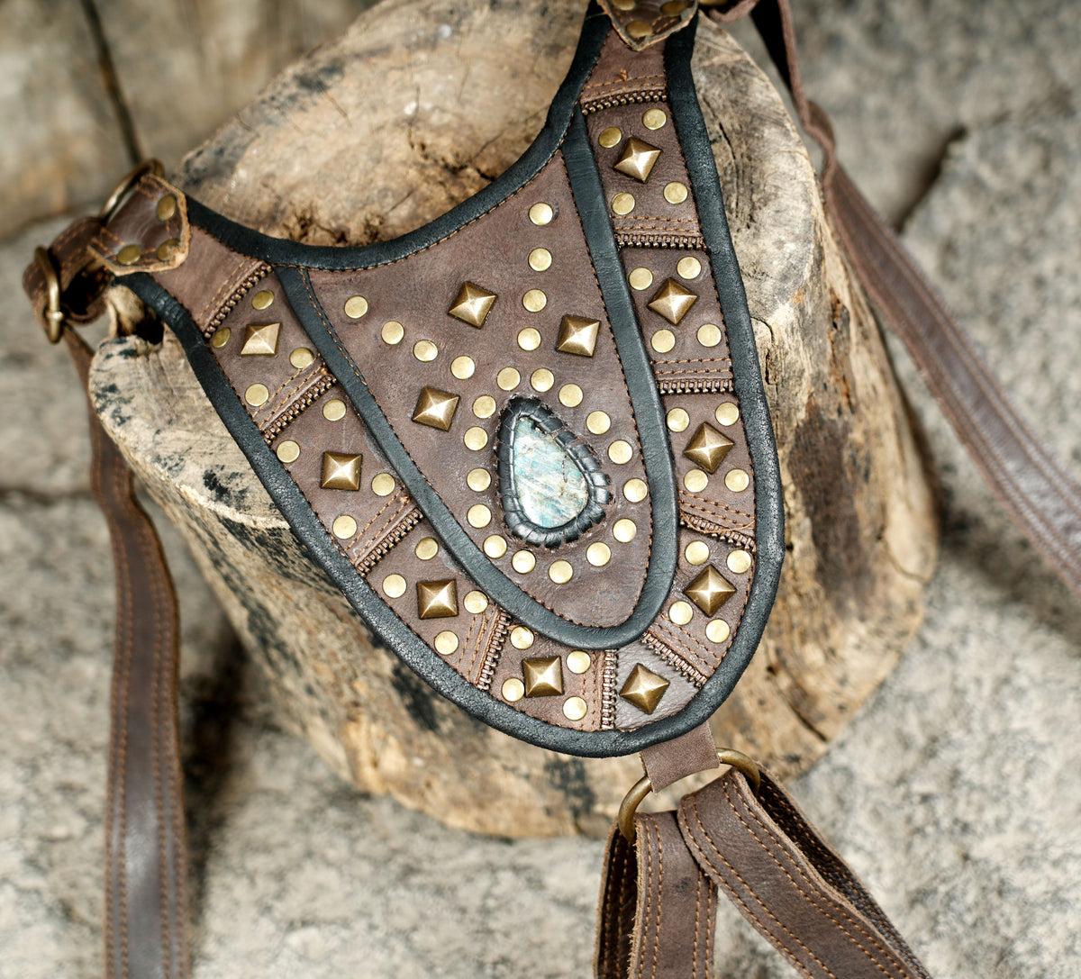 Brown leather cosplay harness bag set with matching pouches and adjustable buckled straps