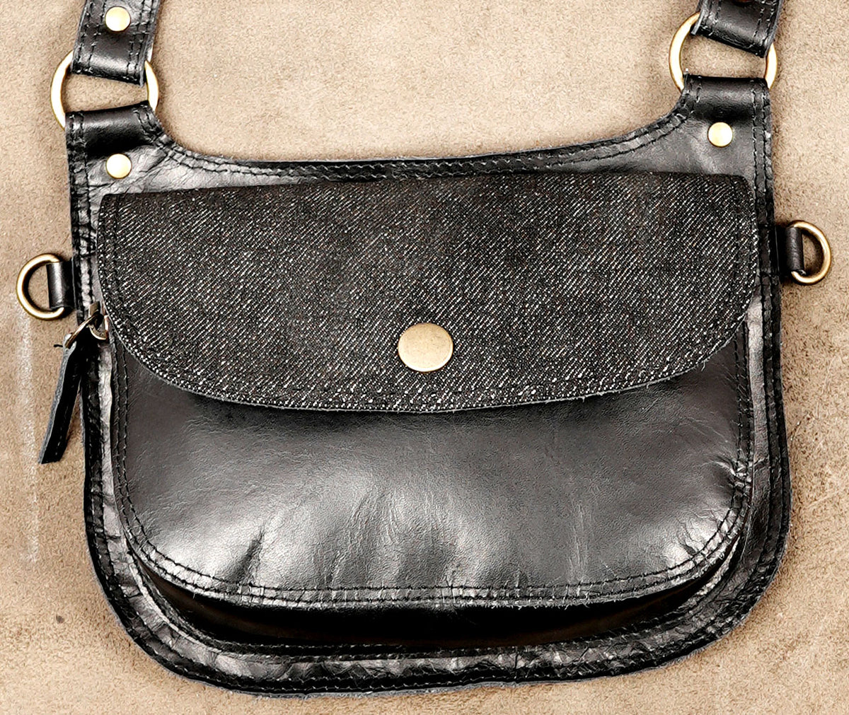 Unisex Double Pouch Leather Chest Rig Bag with Gold Tone Rings