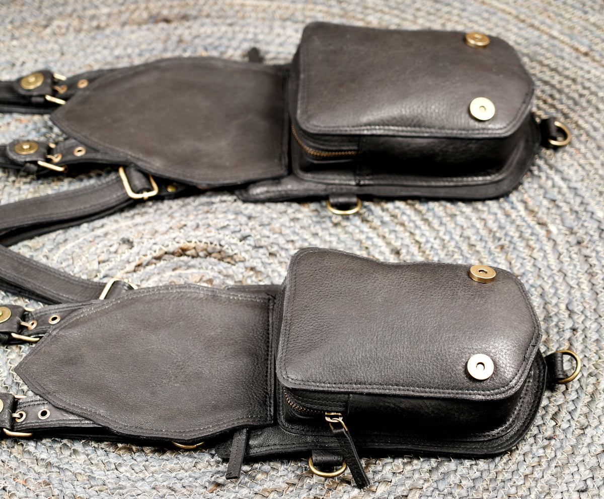 Black Leather Festival Utility Bag with Handcrafted Flaps and Stone Embellishments