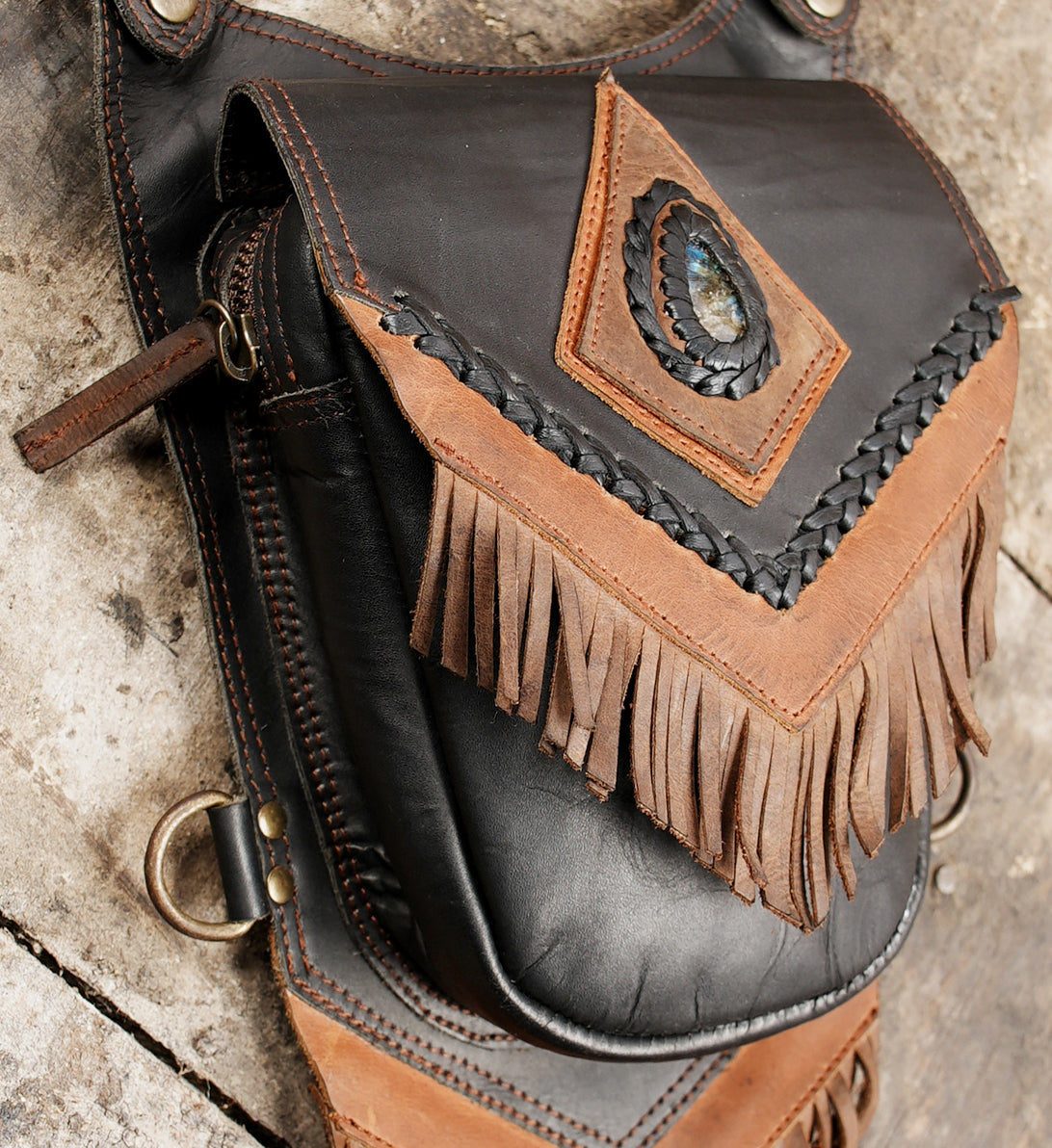 Festival wear leather harness with matching side pouches and antique brass tone fittings