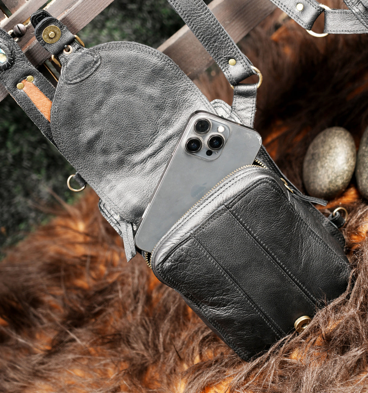 Black Leather Dual Holster Harness Bag Unisex Festival Chest Rig