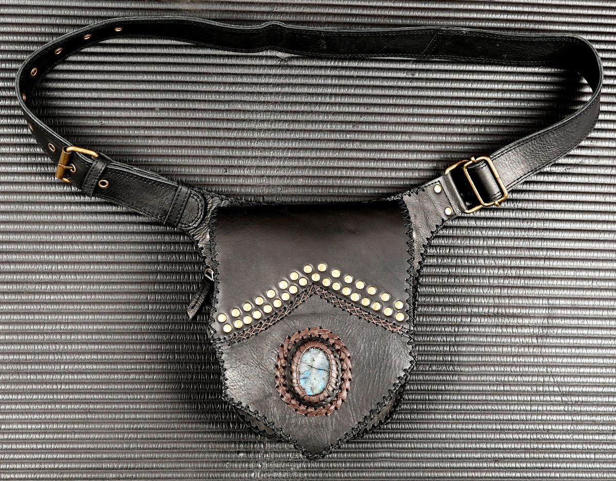 Black leather festival belt with gemstone detail