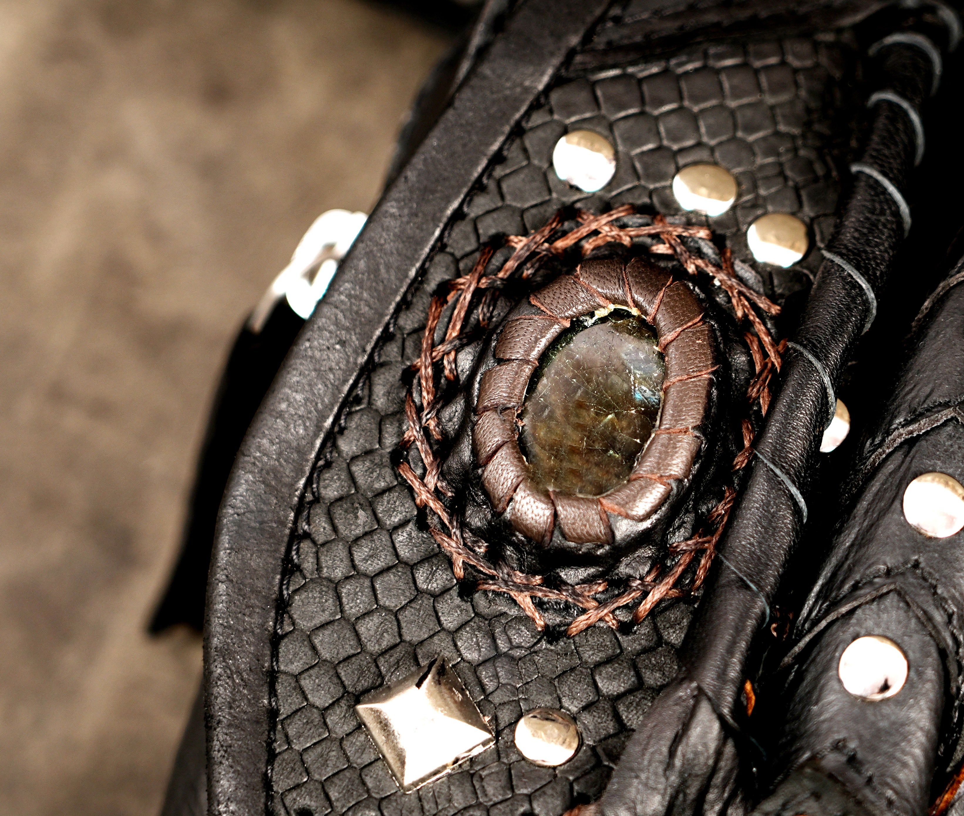 Studded black leather belt pouch with nickel silver hardware