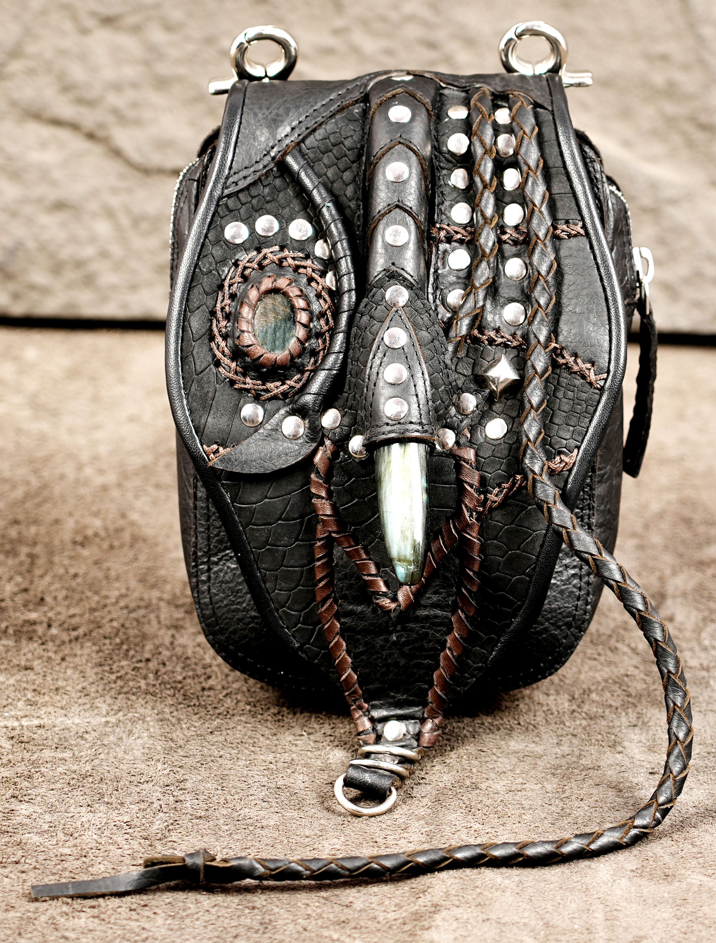 Studded leather hip pouch with antique brass hardware