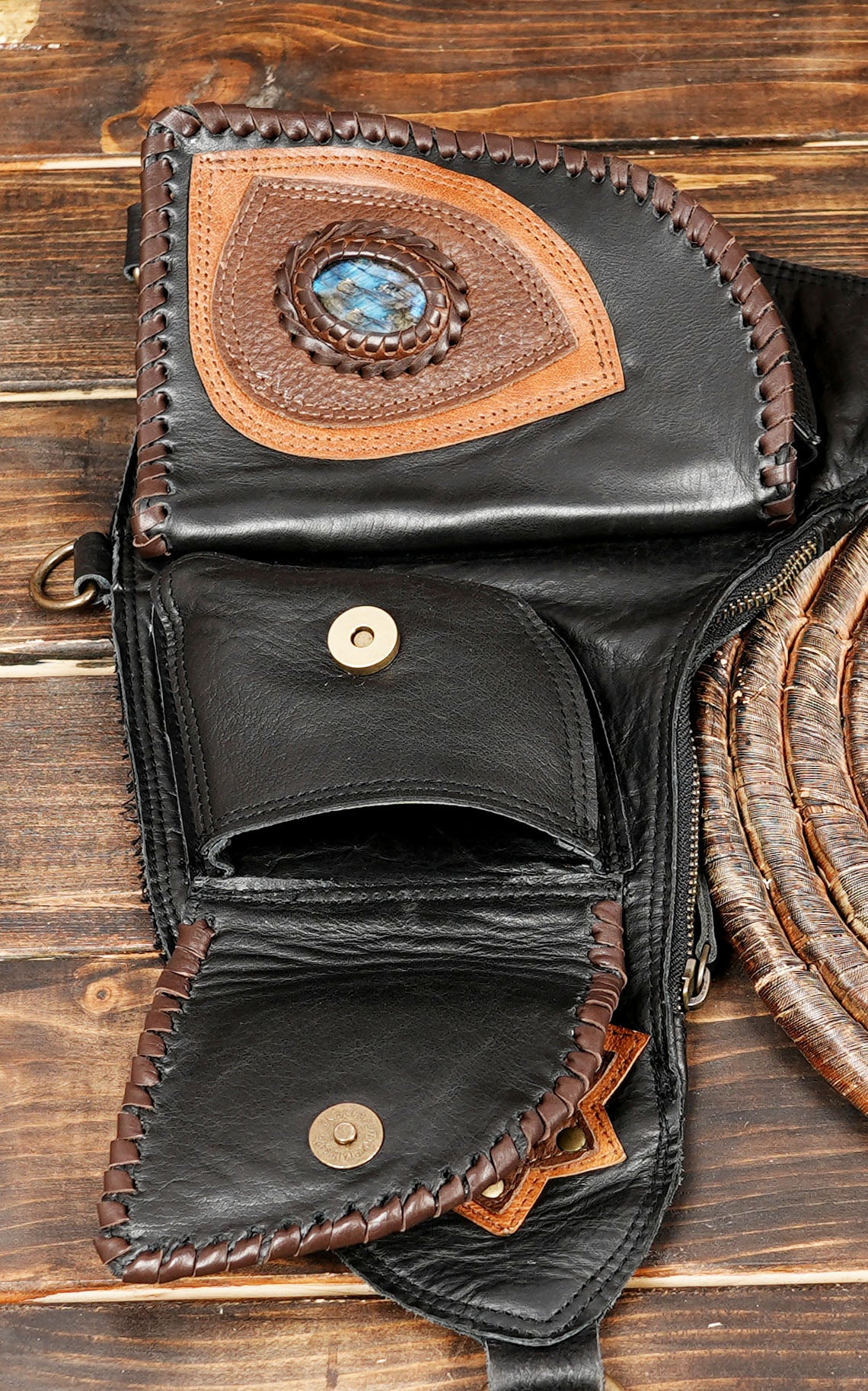 Black leather utility bag harness for rave and music festival outfits
