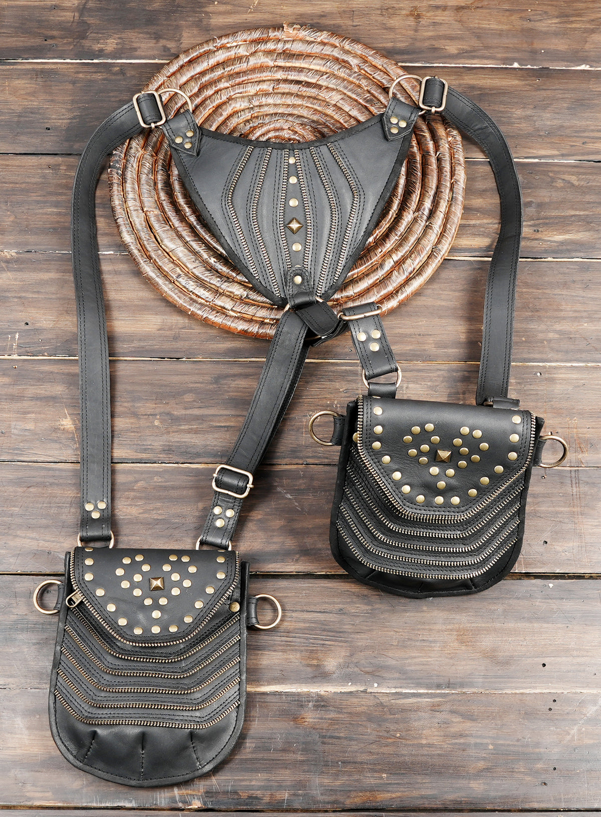 Black leather utility belt bag with two pouches and adjustable connecting straps