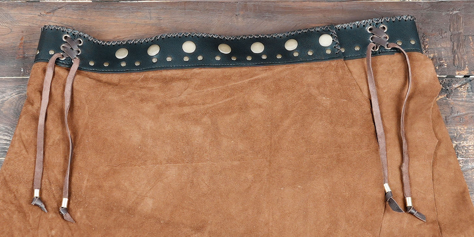 Tan leather festival skirt with natural stone accent