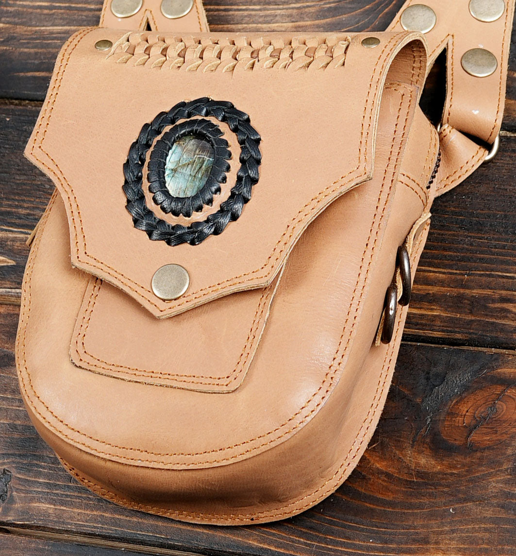 Tan Leather Double Hip Bag Harness with Natural Labradorite Stones
