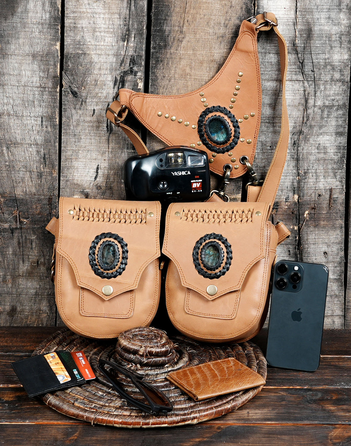 Tan Leather Double Hip Bag Harness with Natural Labradorite Stones