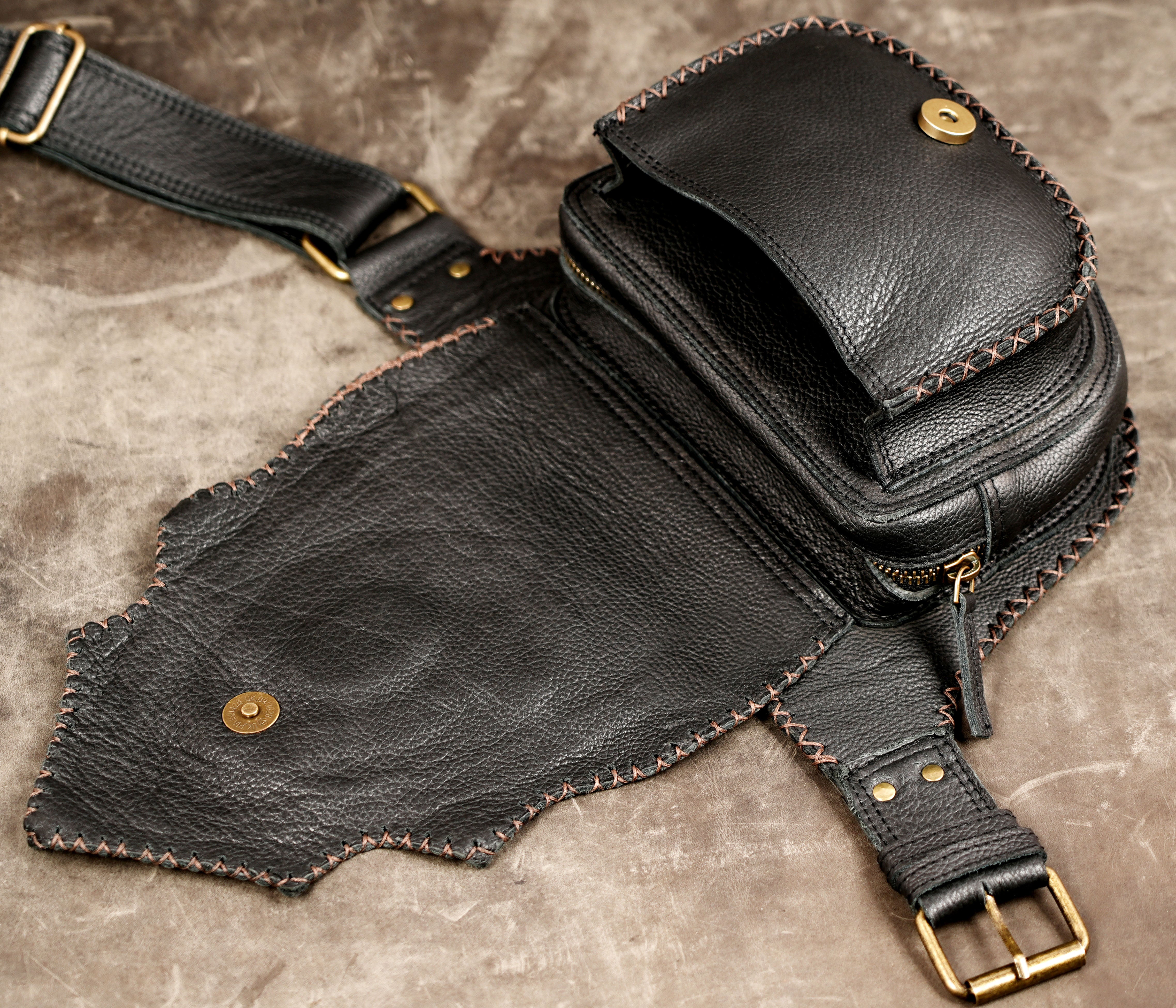 Tribal-inspired handmade leather hip belt bag