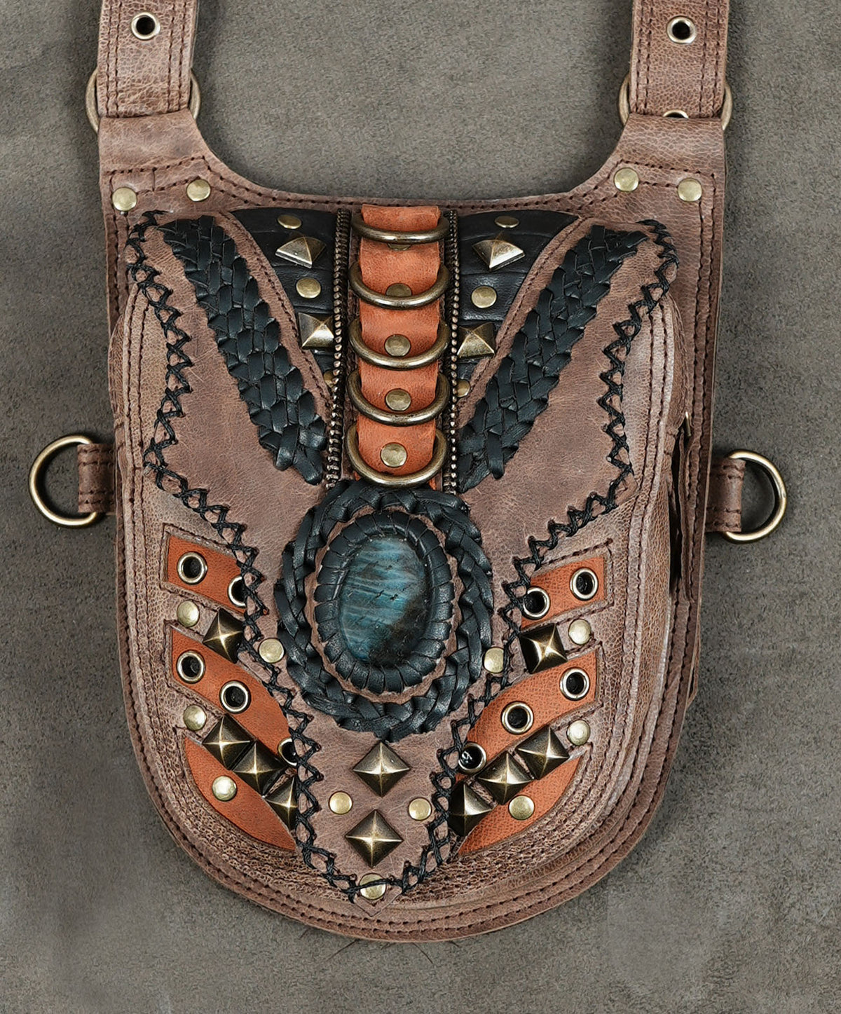 Tribal leather chest harness with braided trim