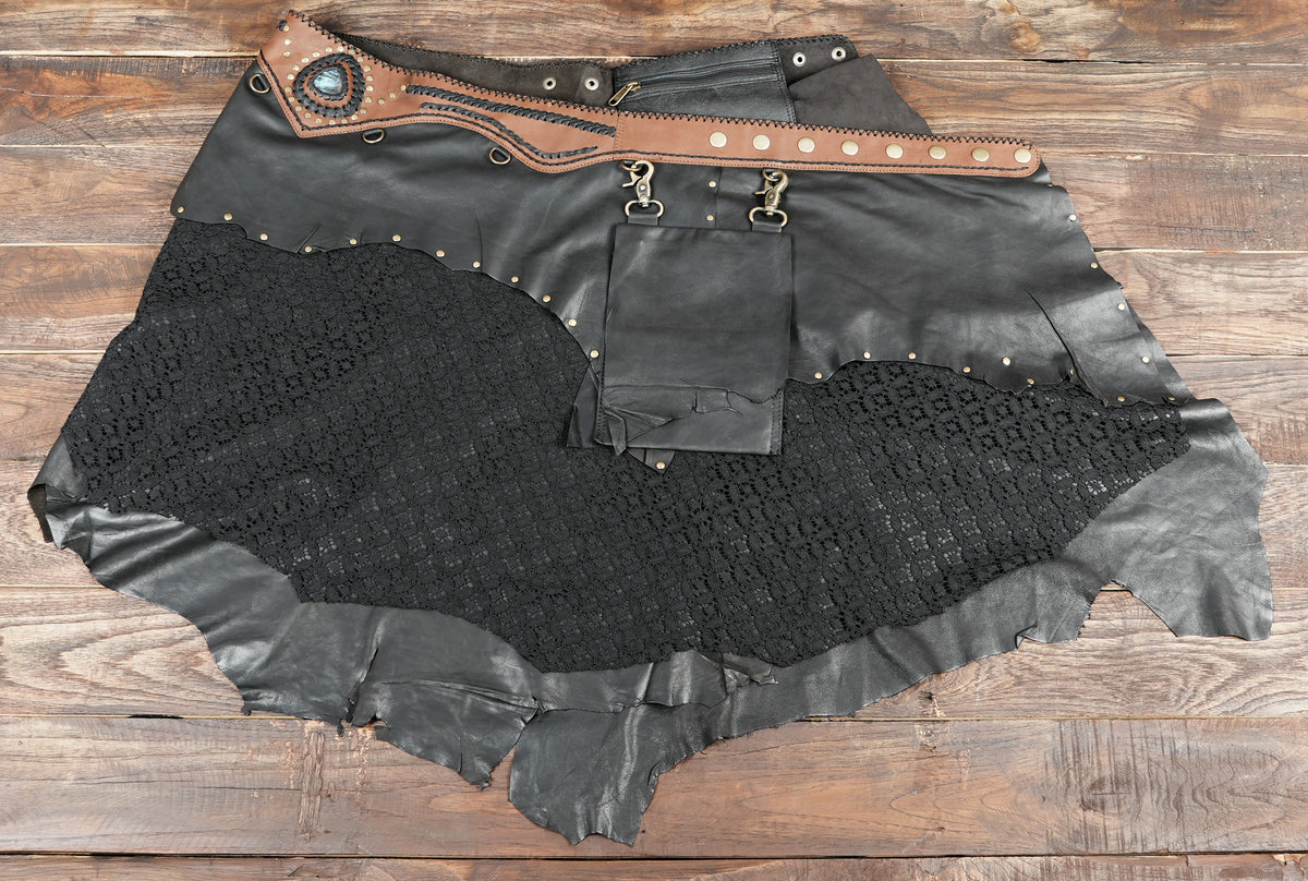 Tribal leather skirt with lace panel and gemstone centerpiece
