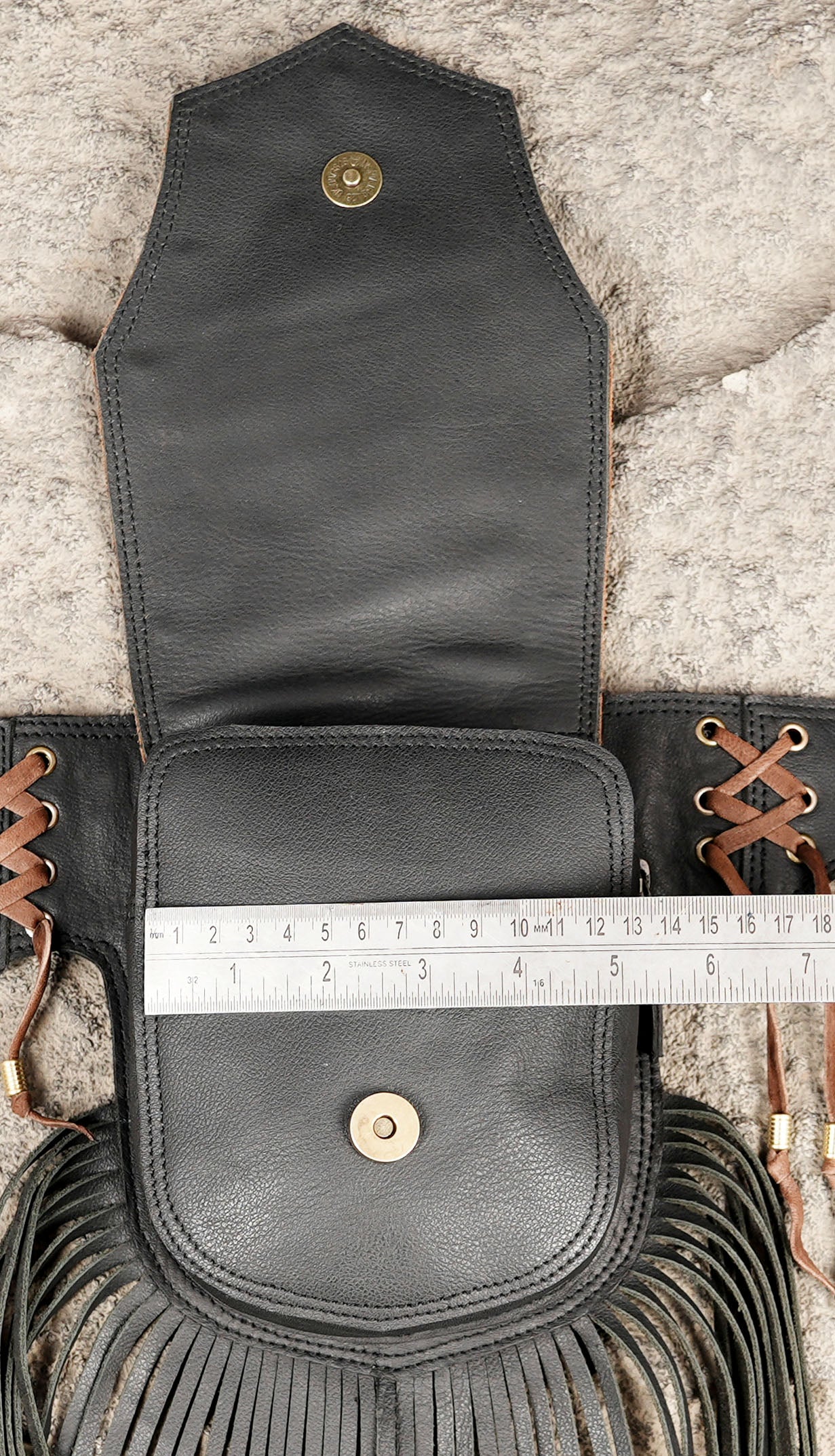 Tribal leather utility belt with double stone pockets and fringe