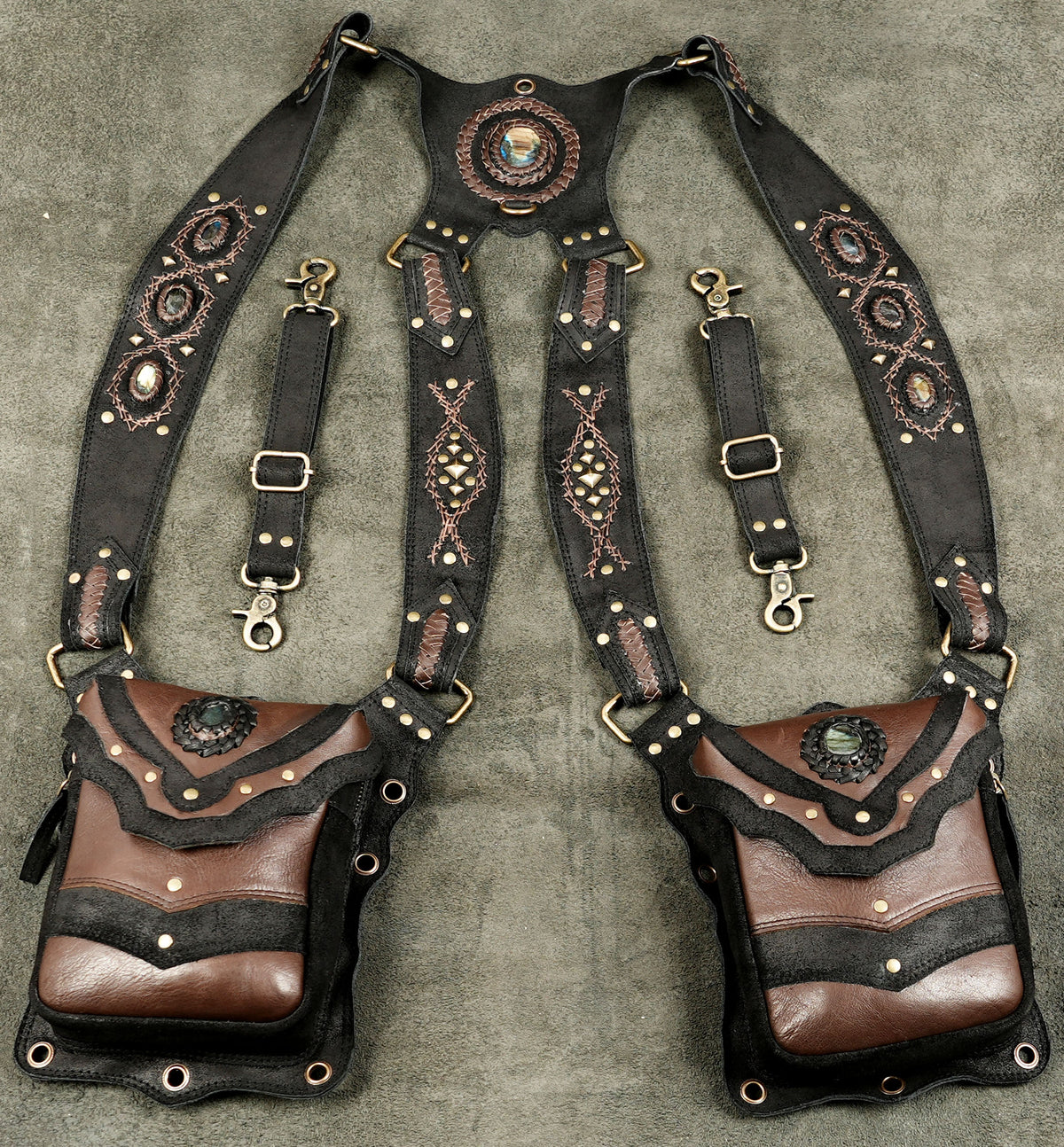 Leather shoulder holster style bag with Natural Labradorite stones and antique brass hardware