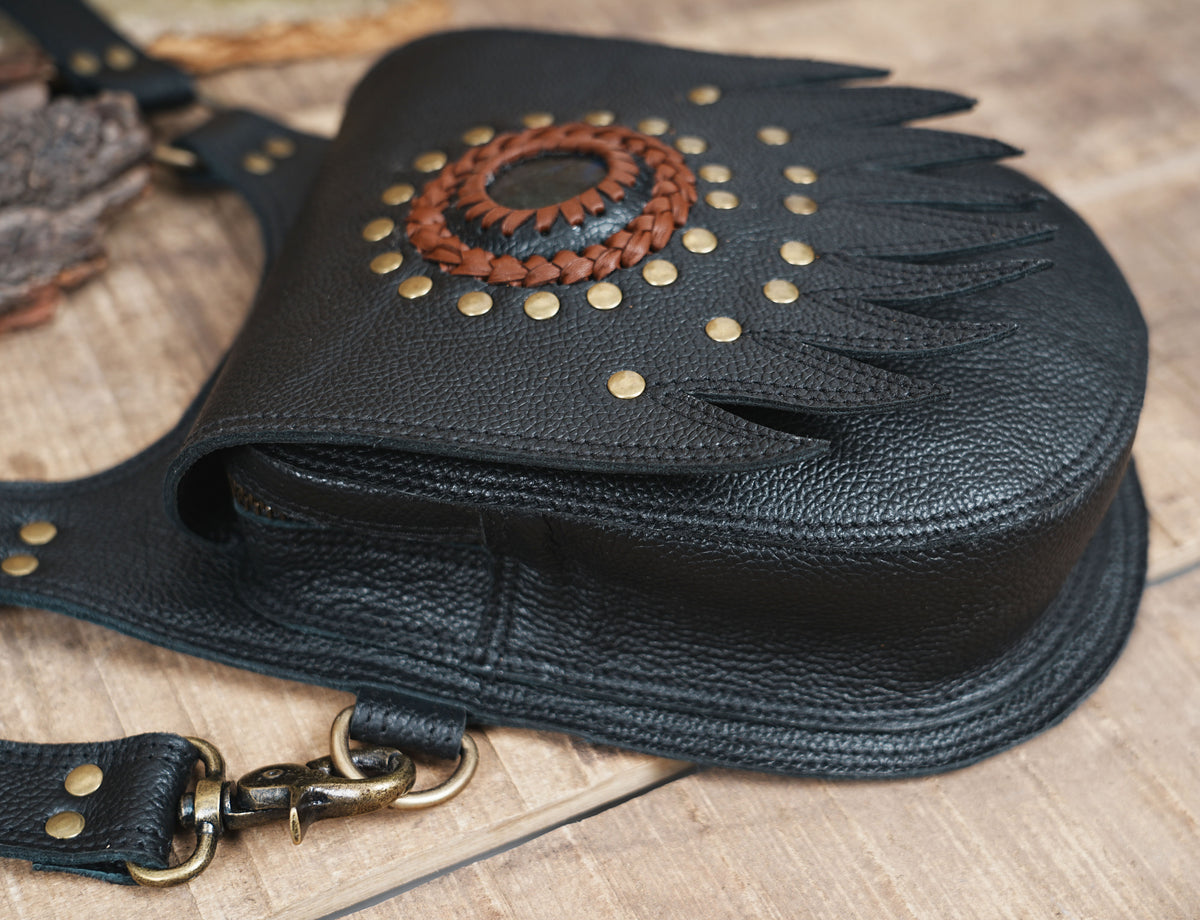 Handmade unisex leather shoulder harness with double pouches Natural Labradorite and brass studs