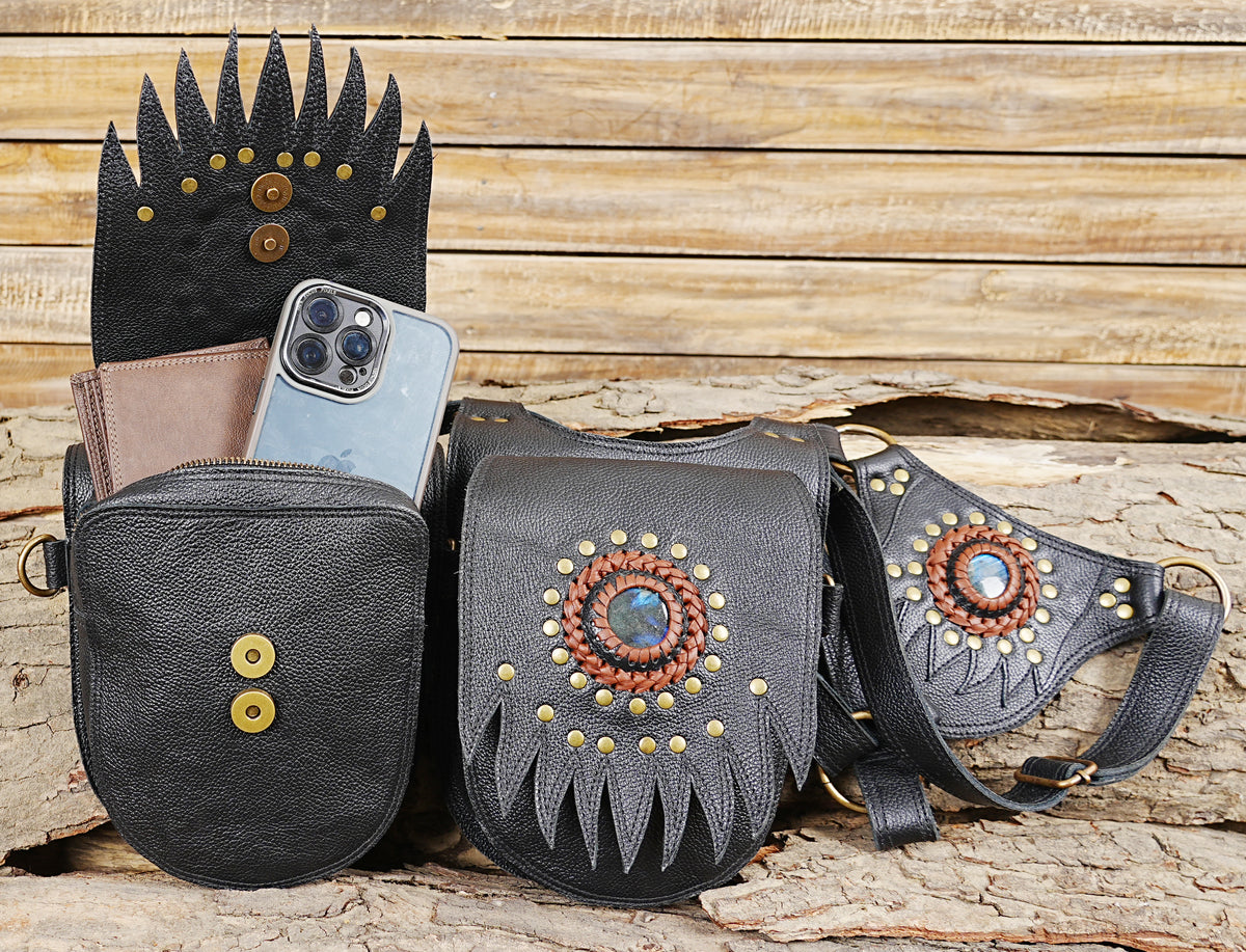 Black leather unisex chest rig bag for festivals Burning Man and everyday utility