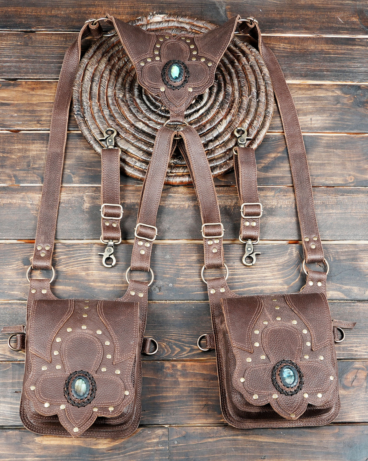 Brown leather double shoulder harness bag with natural labradorite stones