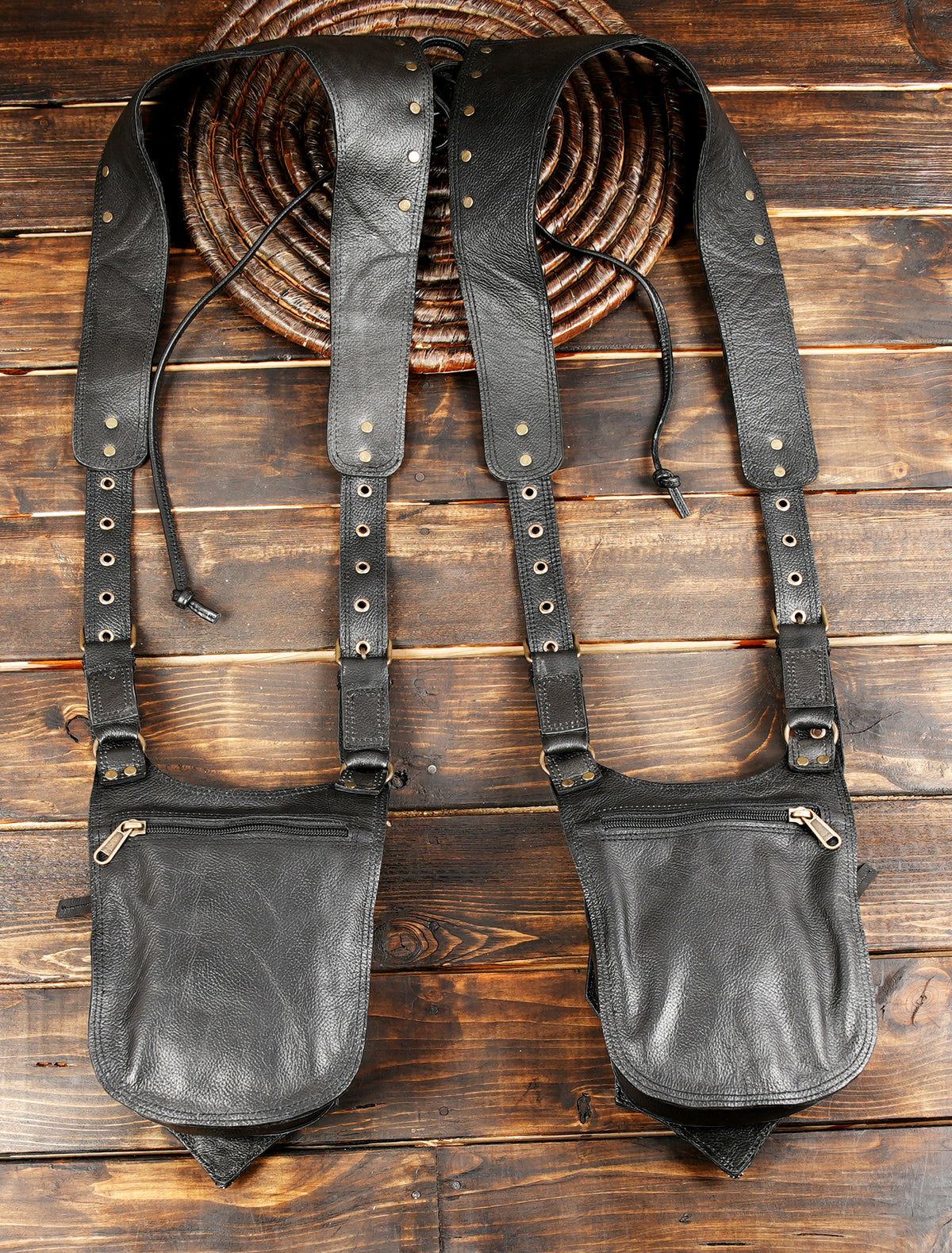 Unisex Black Leather Double Hip Pouch Harness with Studs