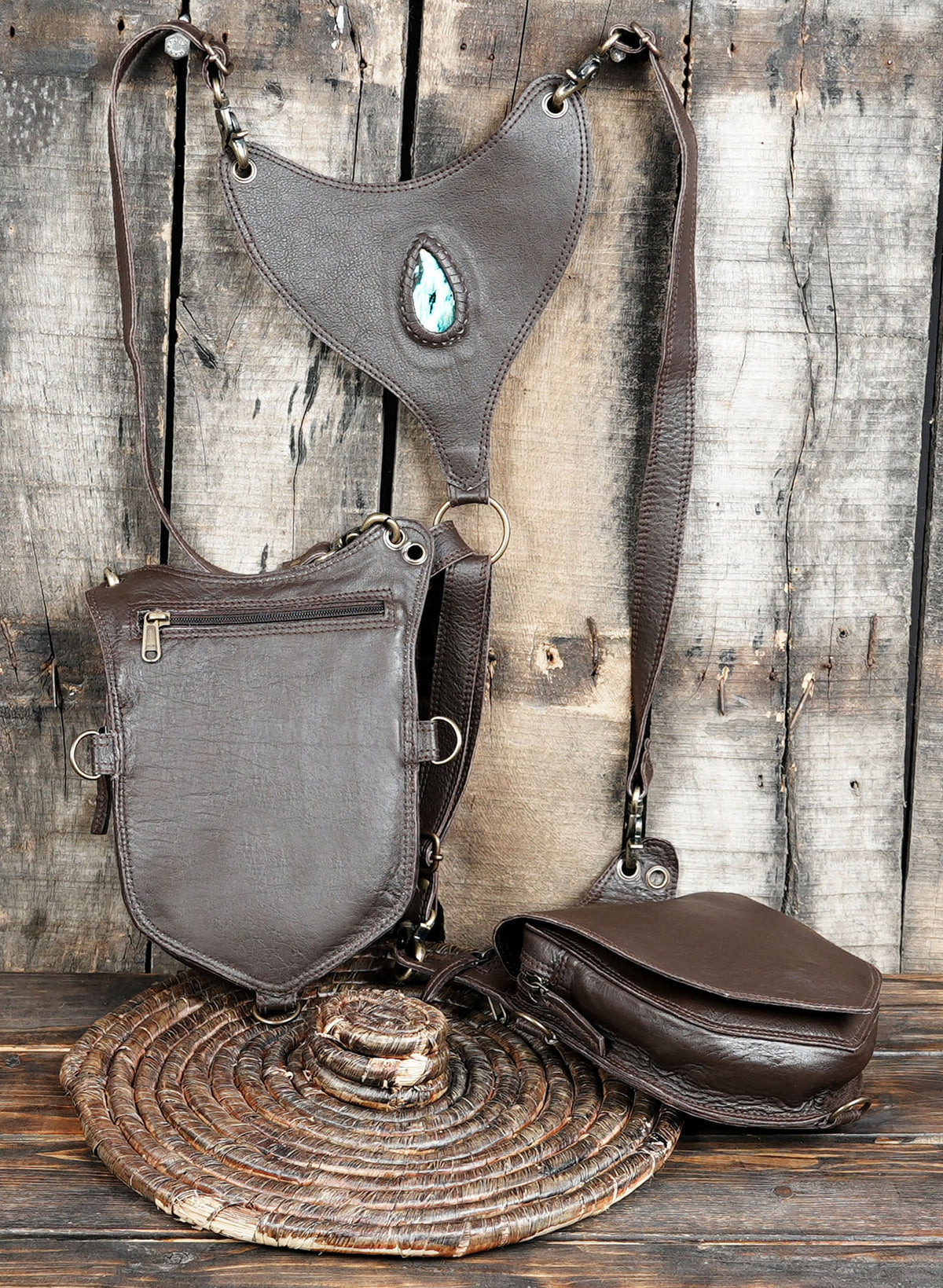 Leather utility harness bag with two zipper compartments and adjustable straps